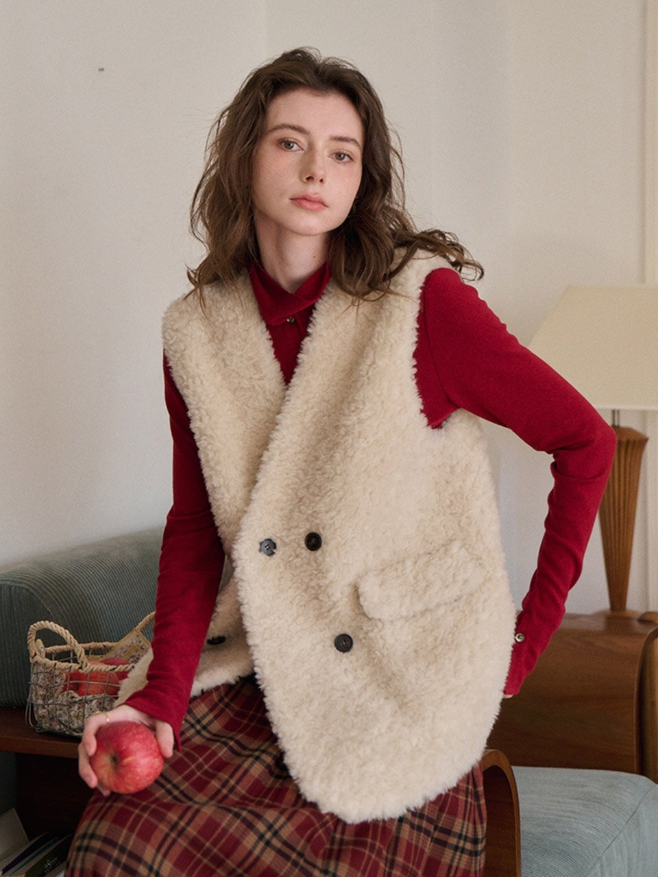 SR_V-neck fur integrated cardigan vest
