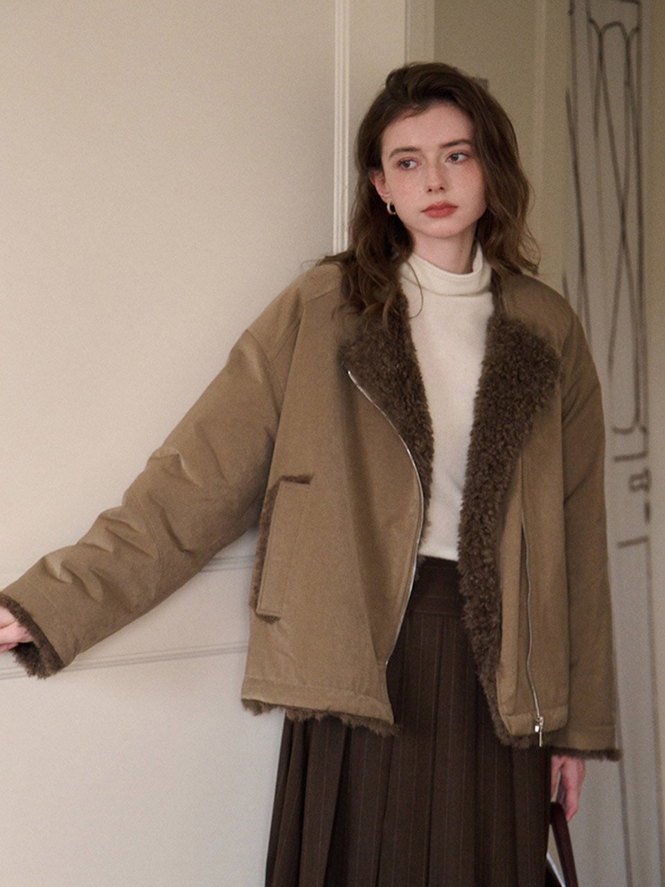 SR_Zipper lapel short jacket_2color