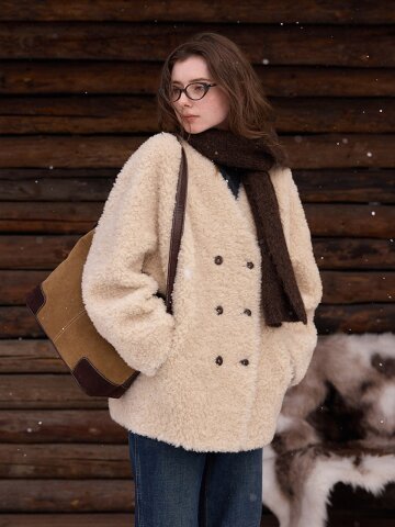 SR_V-neck fur integrated coat