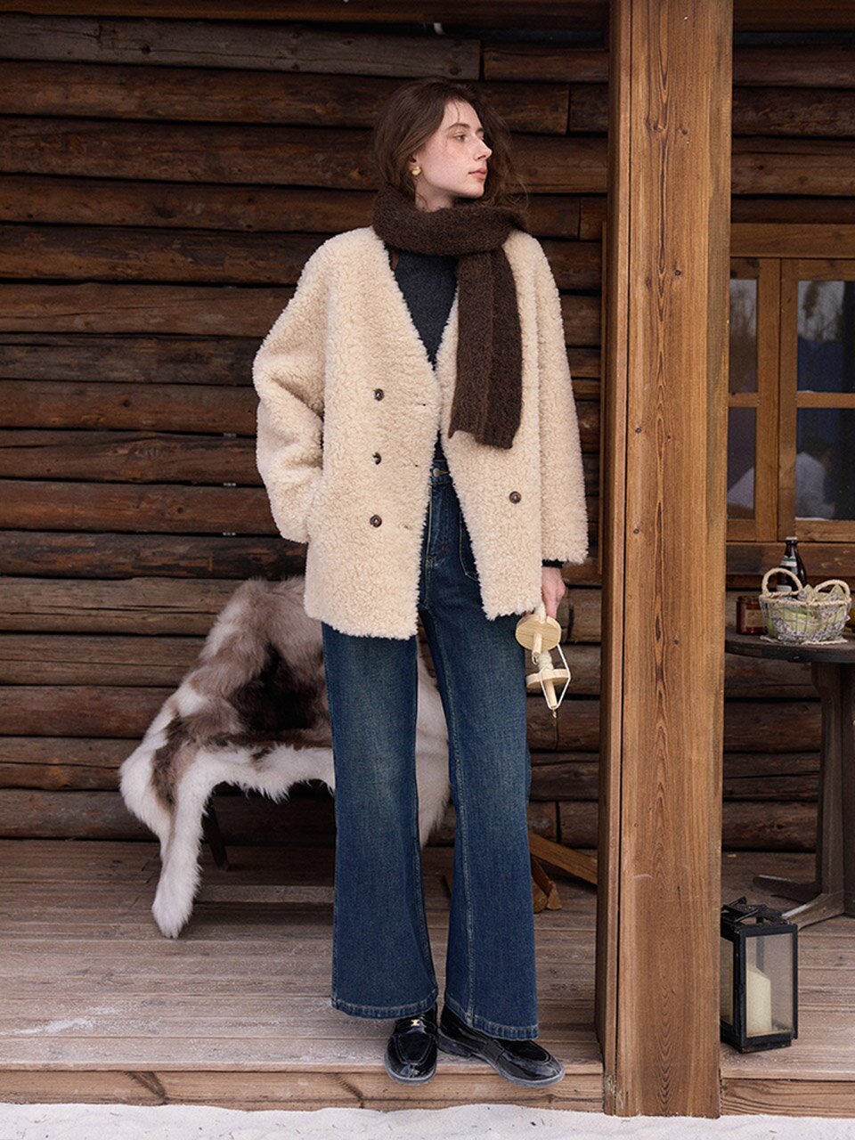 SR_V-neck fur integrated coat