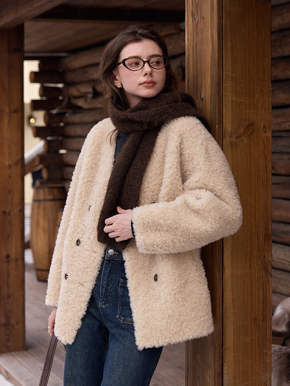 SR_V-neck fur integrated coat