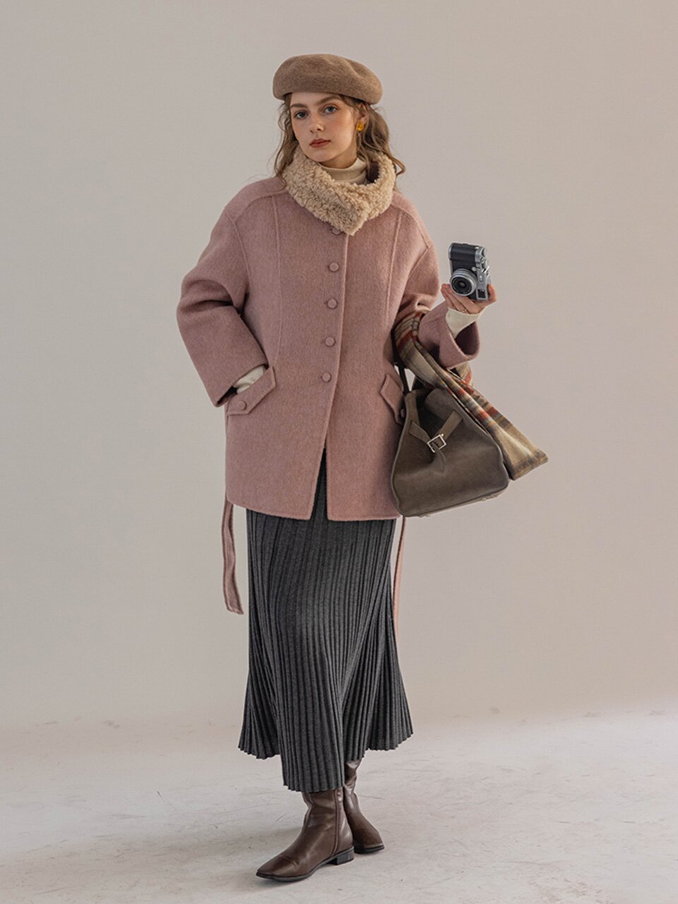 DA_Detachable fur collar coat_PINK