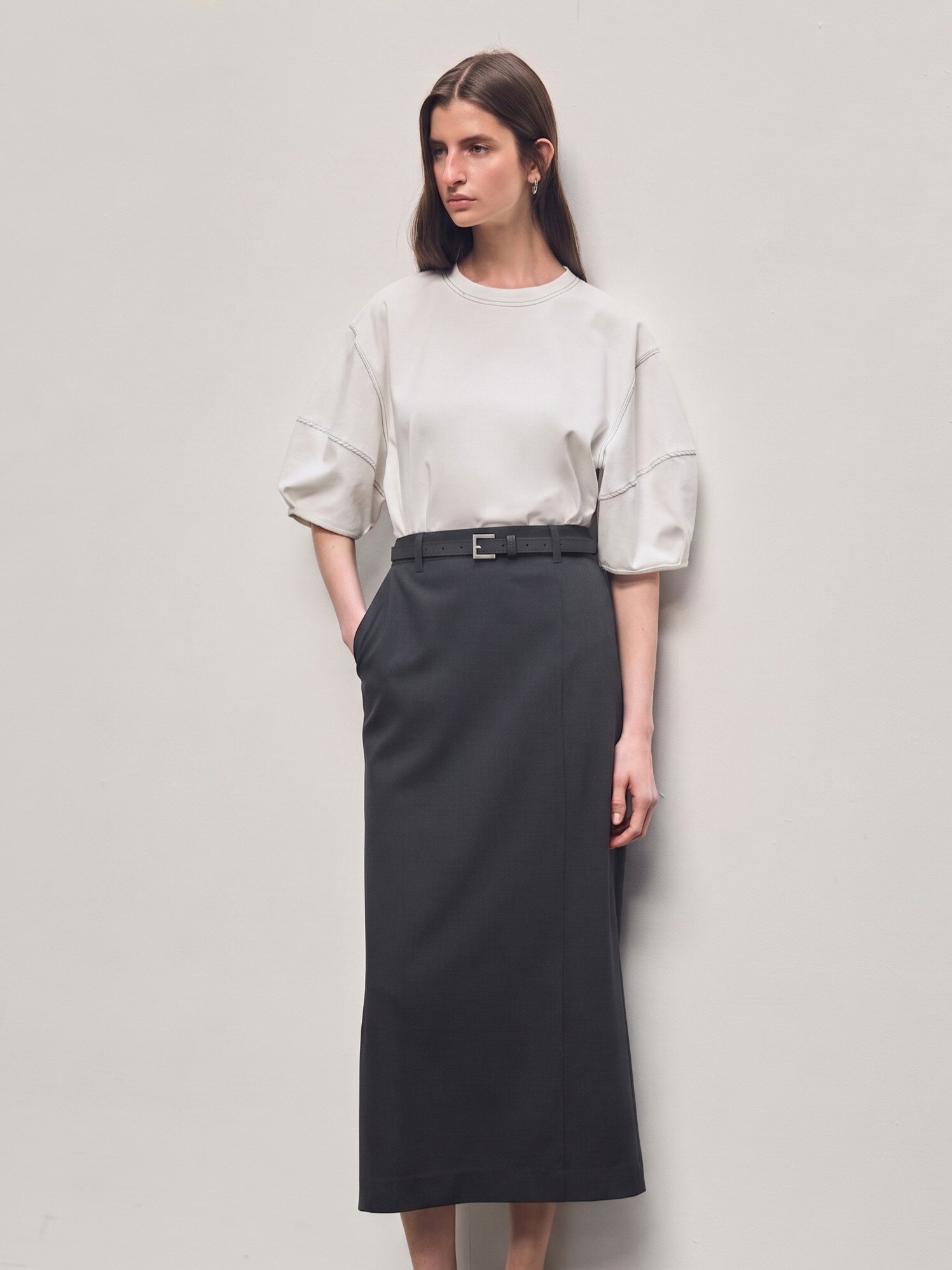 모던 슬림 롱 벨트 스커트 (DARK GREY)