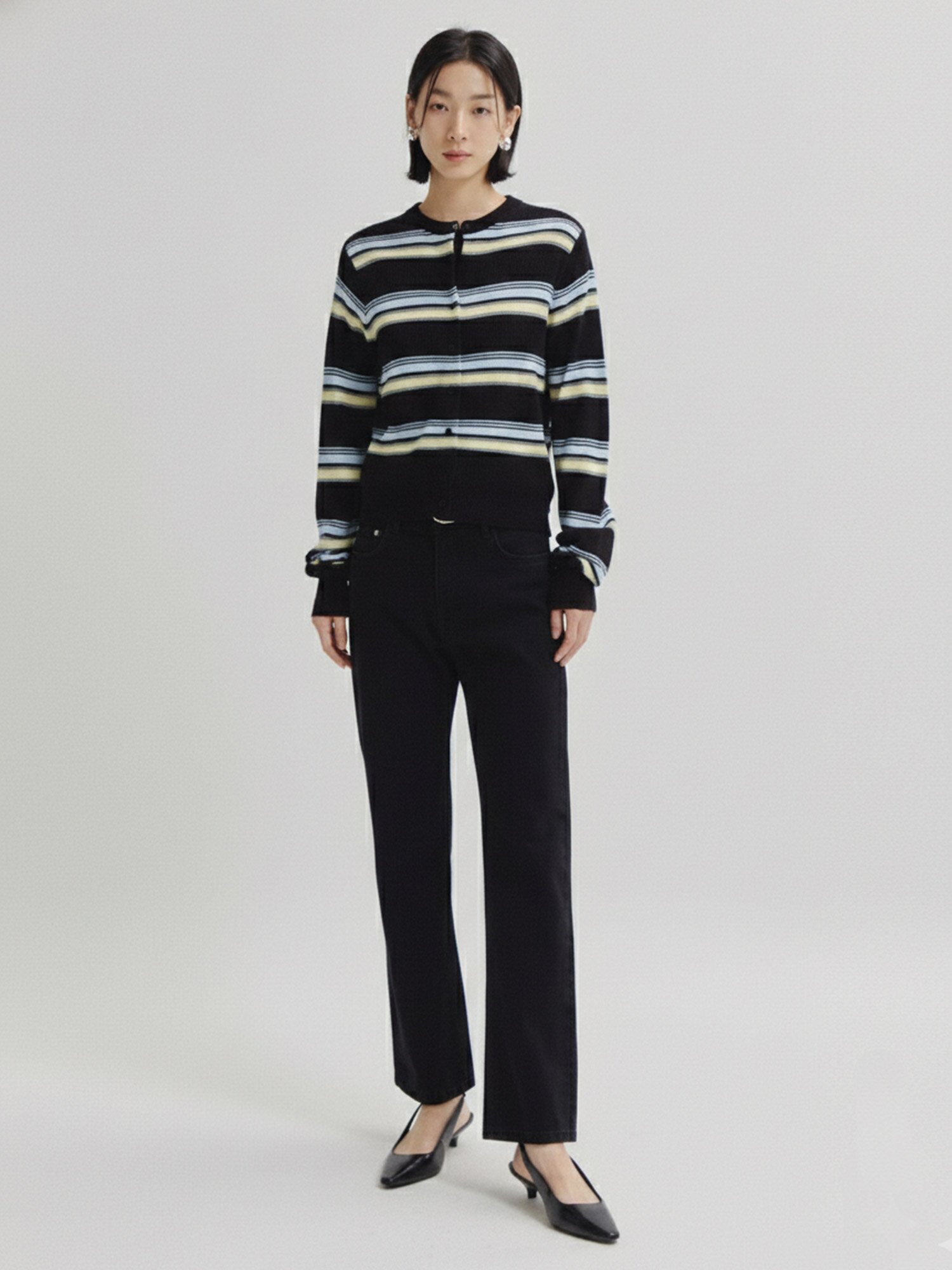 스트라이프 라운드넥 가디건 (STRIPE BLACK)