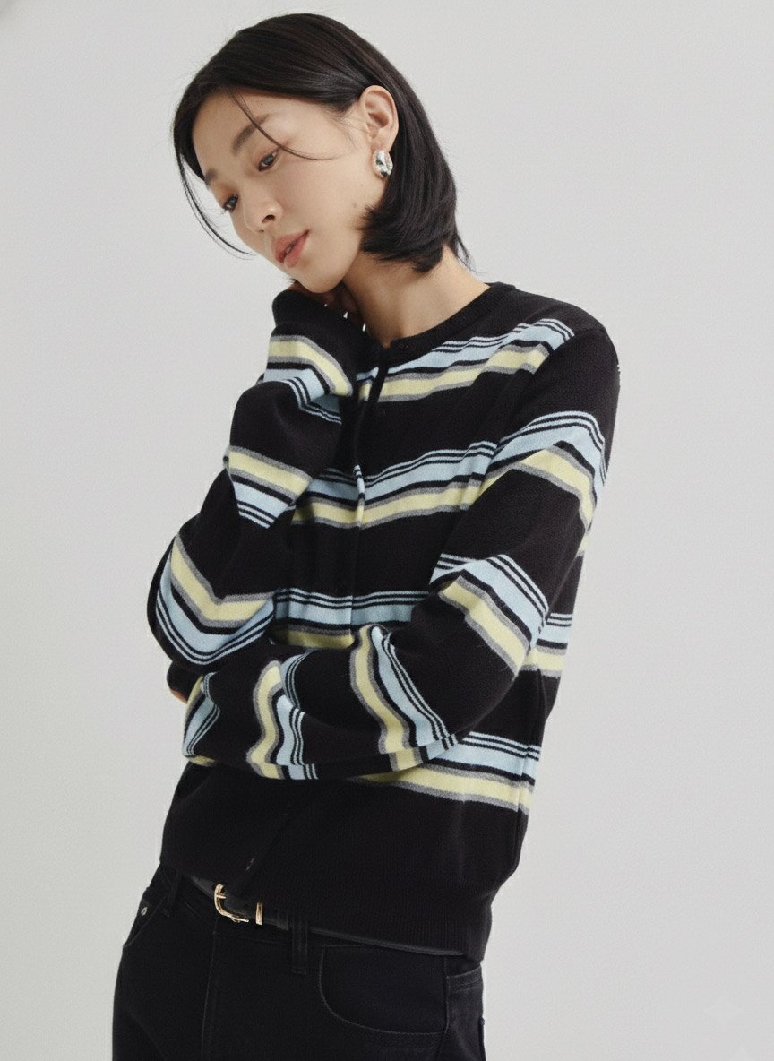 스트라이프 라운드넥 가디건 (STRIPE BLACK)