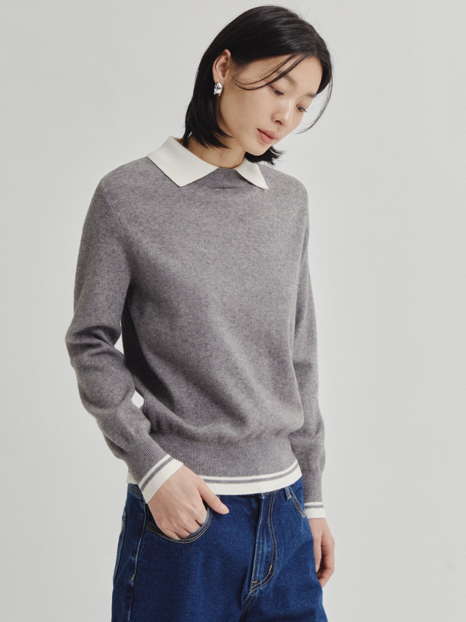 칼라 레이어드 풀오버 니트 (GREY)