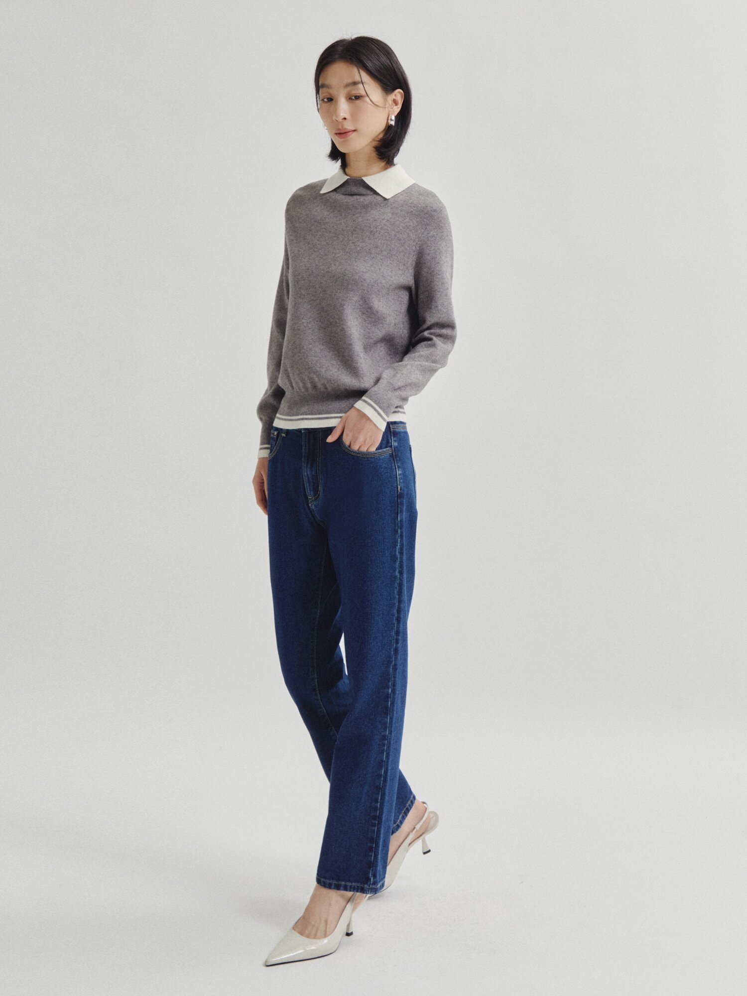 칼라 레이어드 풀오버 니트 (GREY)