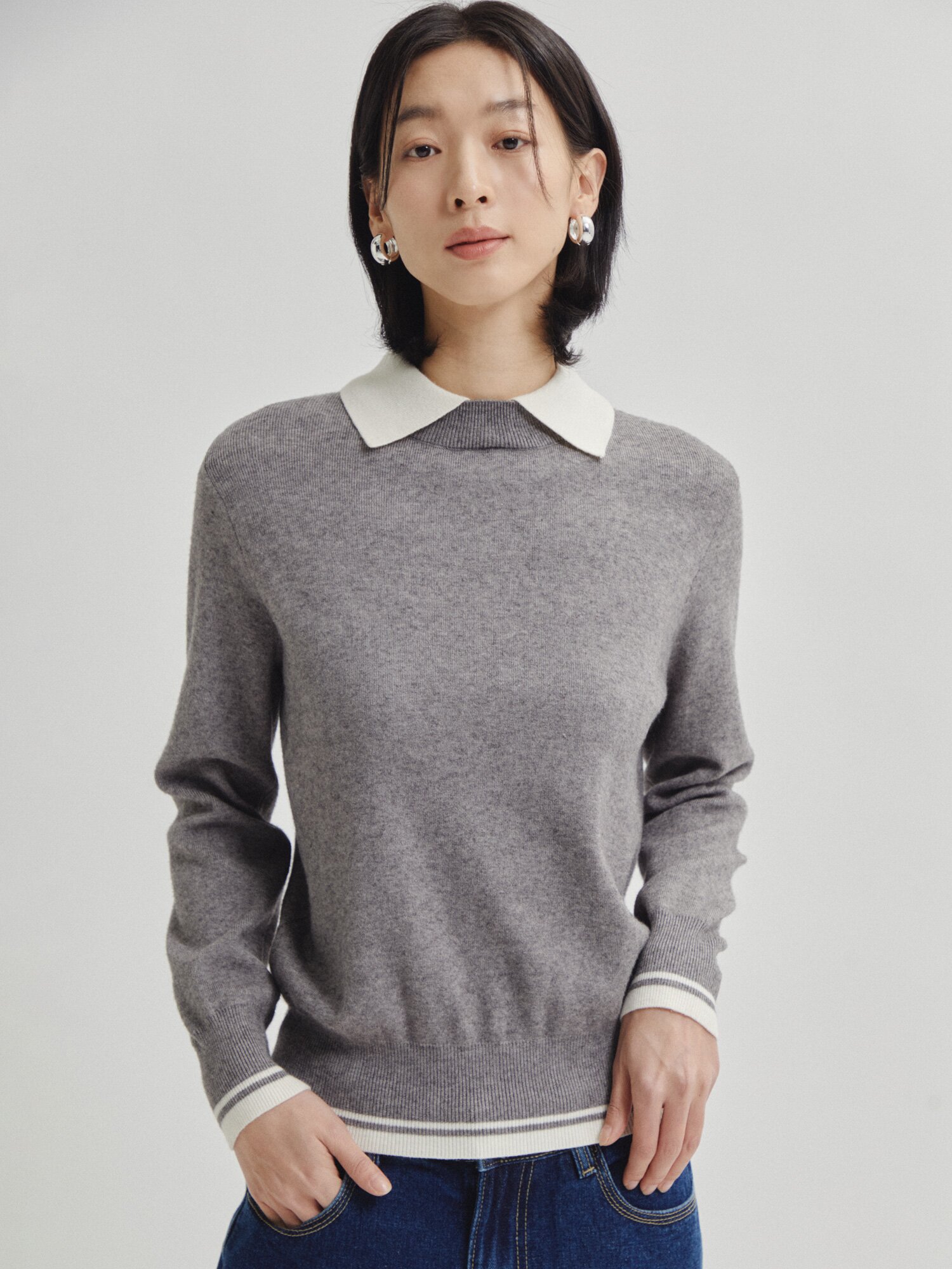 칼라 레이어드 풀오버 니트 (GREY)