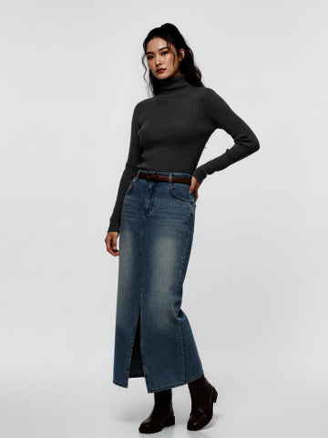 프런트 슬릿 데님 롱 스커트(클래식블루)/W254PT08