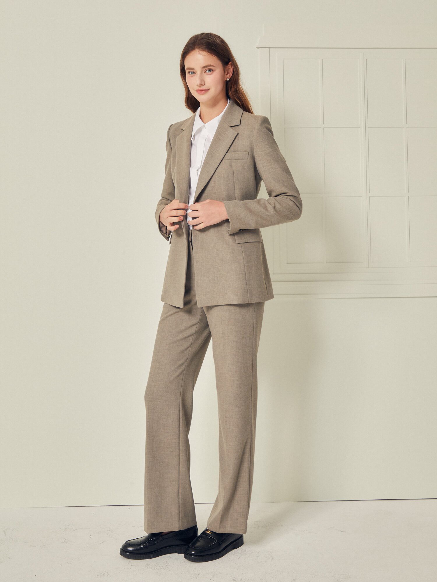 세미 와이드핏 셋업 슬랙스 팬츠 (DARK BEIGE)