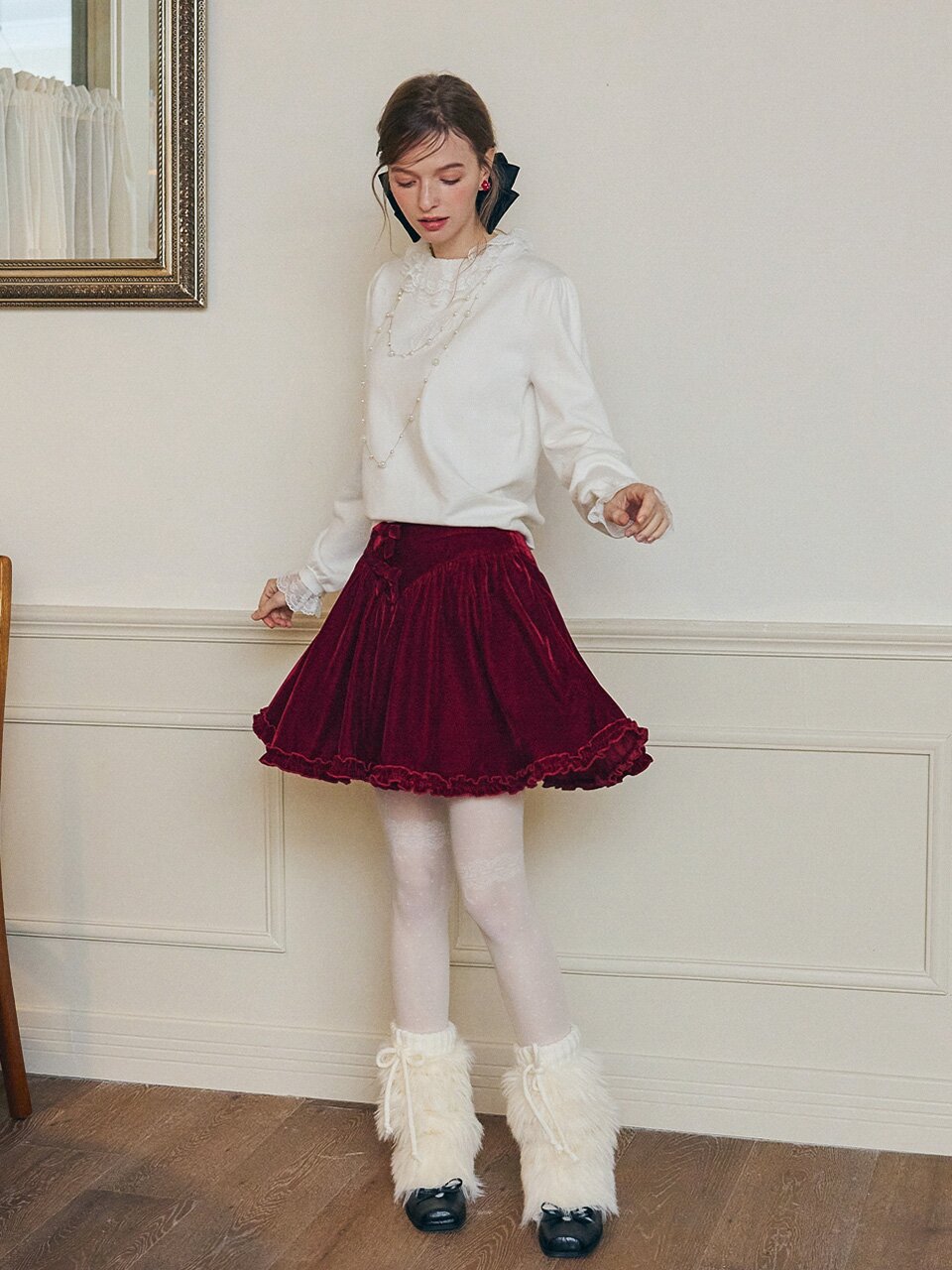 Cest_Bow ruffle velvet skirt