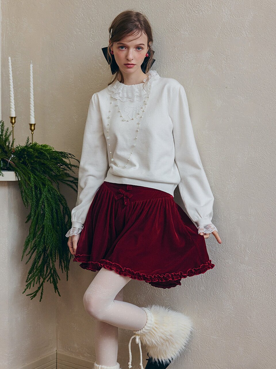 Cest_Bow ruffle velvet skirt