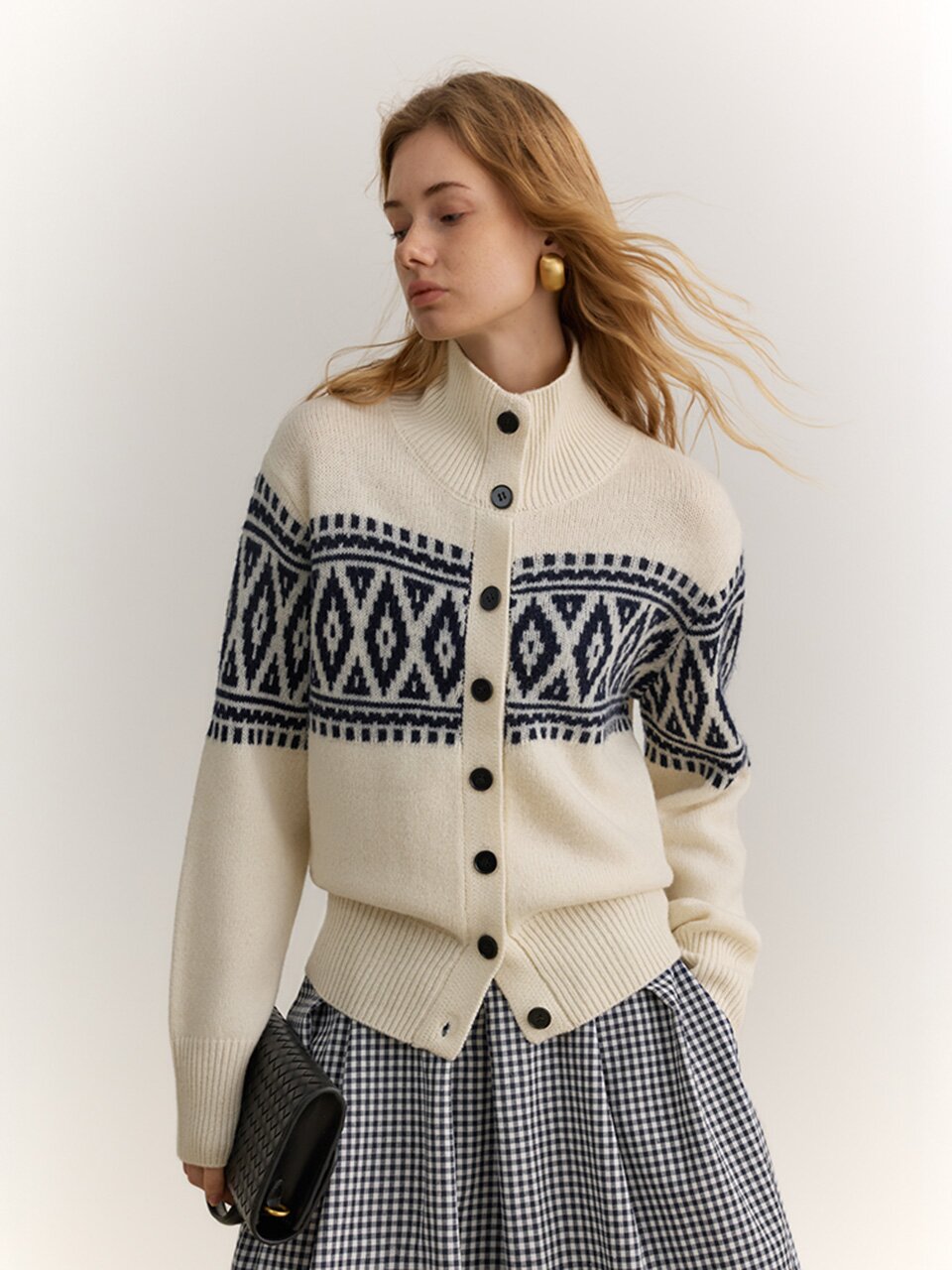 YY_High neck jacquard cardigan_2color