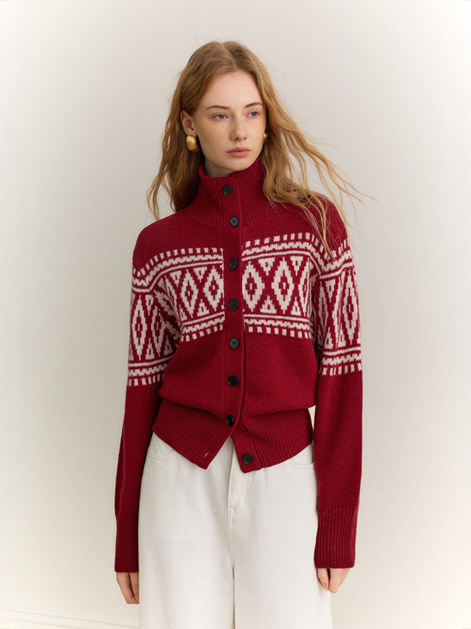 YY_High neck jacquard cardigan_2color