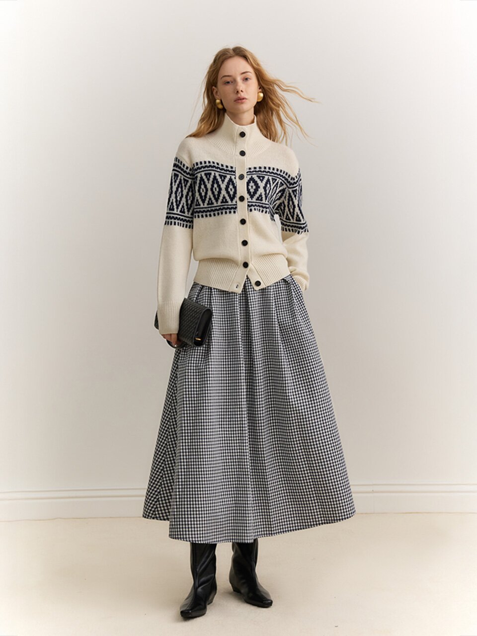 YY_High neck jacquard cardigan_2color