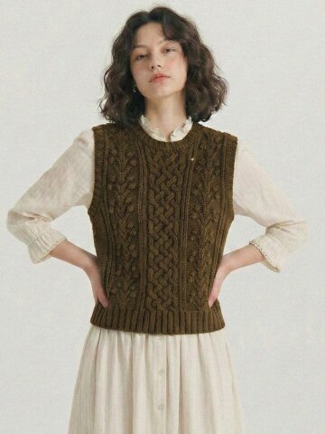 헤리티지 버블 케이블 라운드넥 니트 베스트 올리브그린 그레이