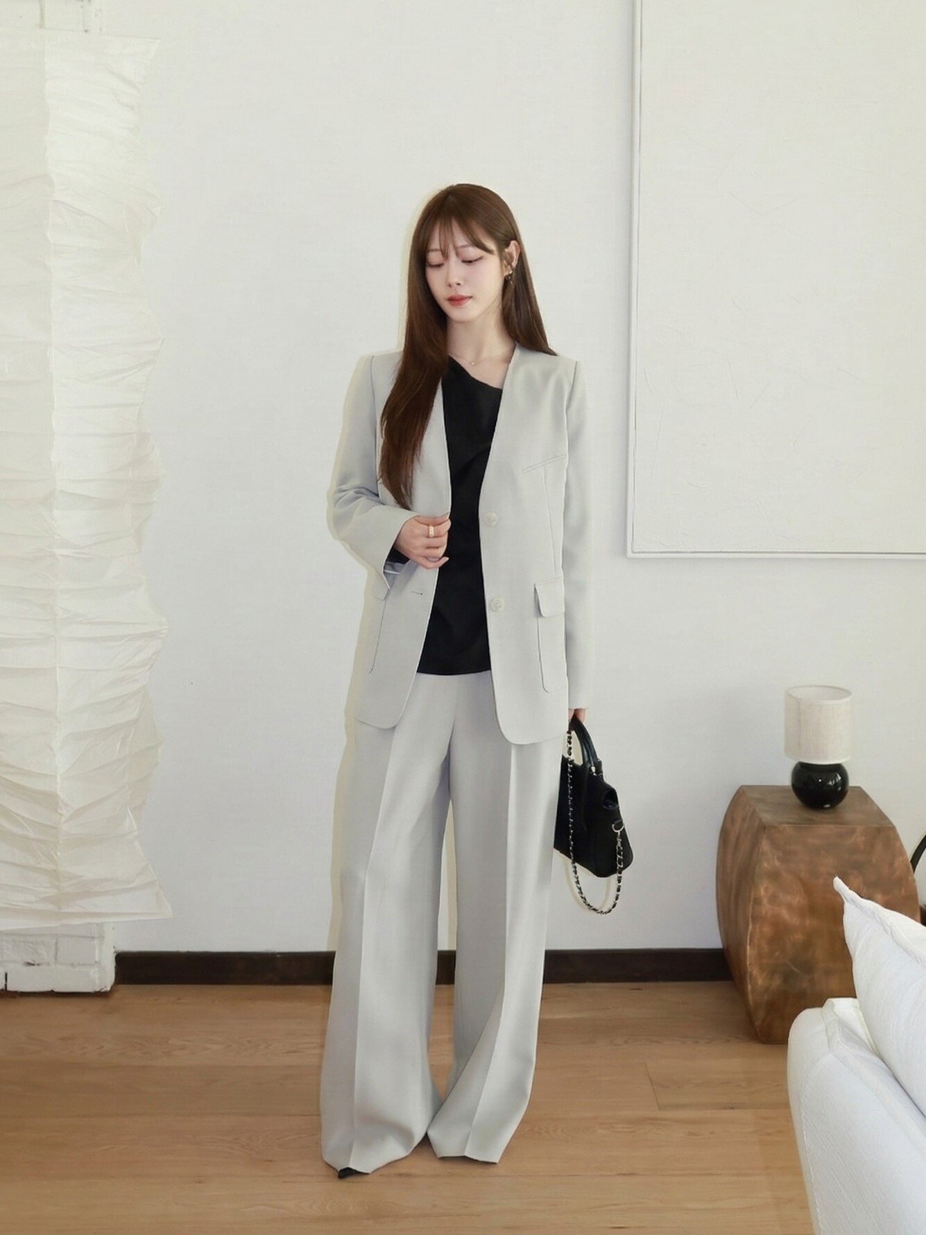 루즈핏 투버튼 브이넥 재킷 (LIGHT GREY)