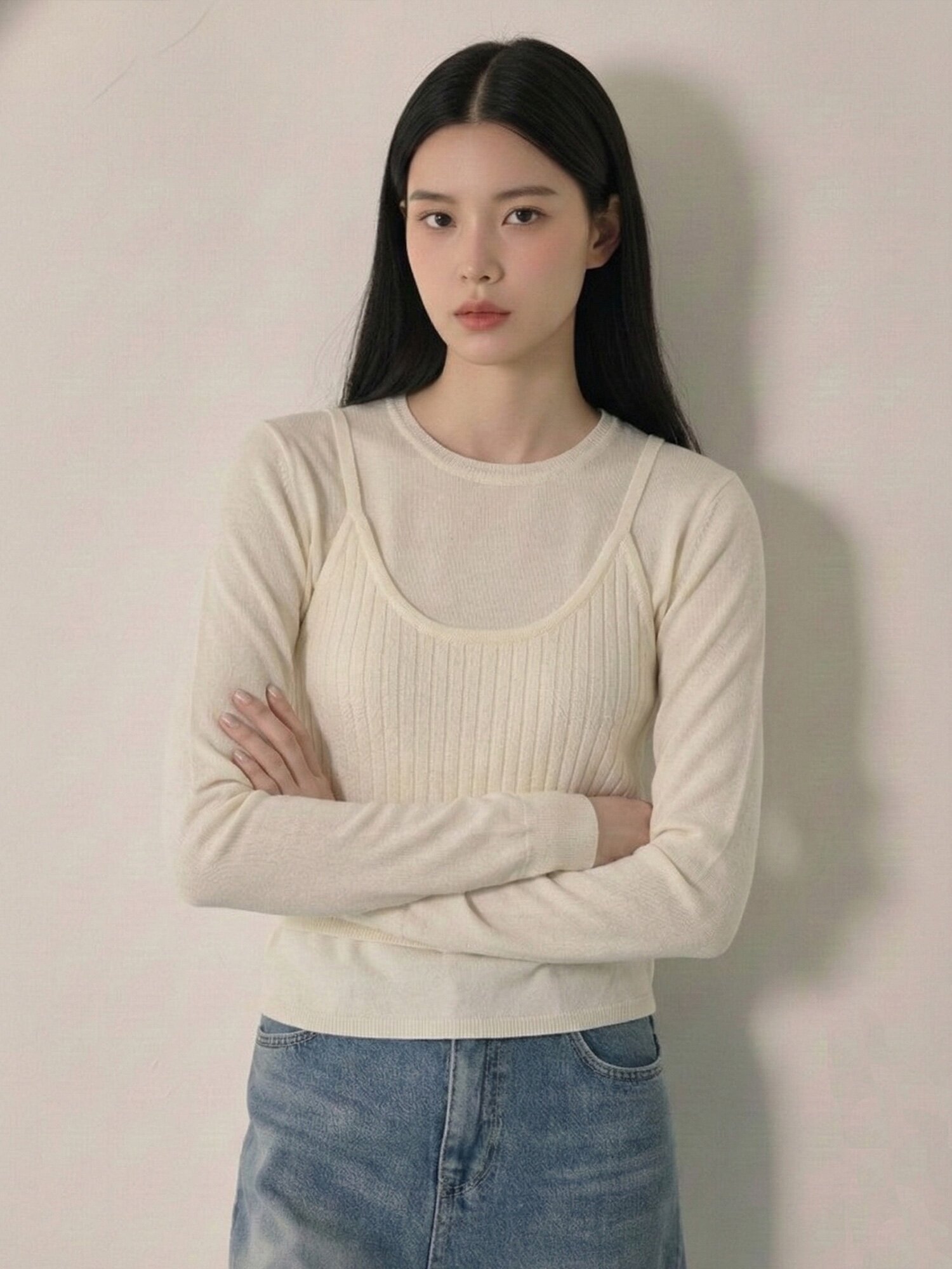 라운드넥 니트 +뷔스티에 세트 (IVORY)