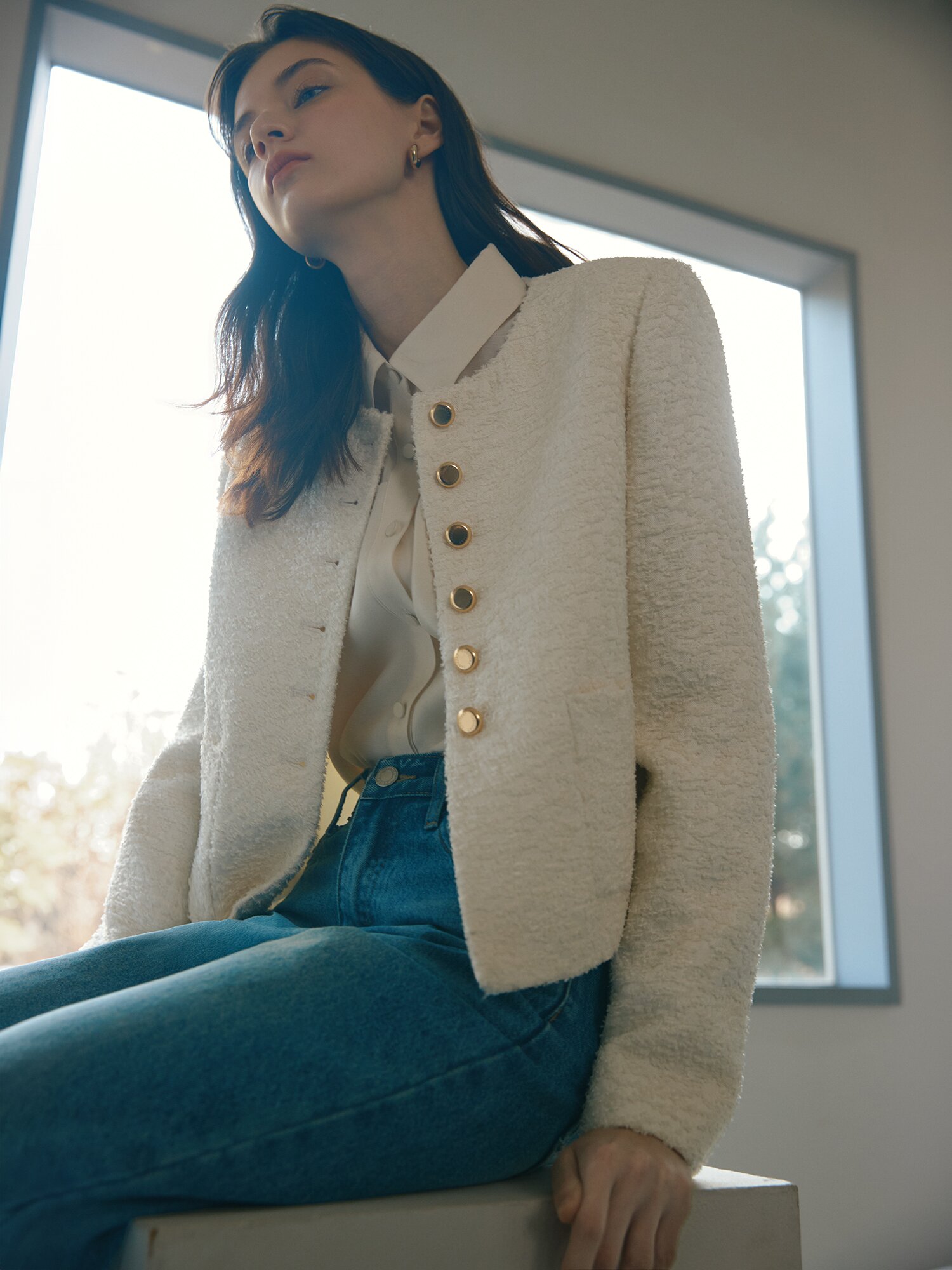 텍스쳐 트위드 라운드넥 재킷 (WHITE)