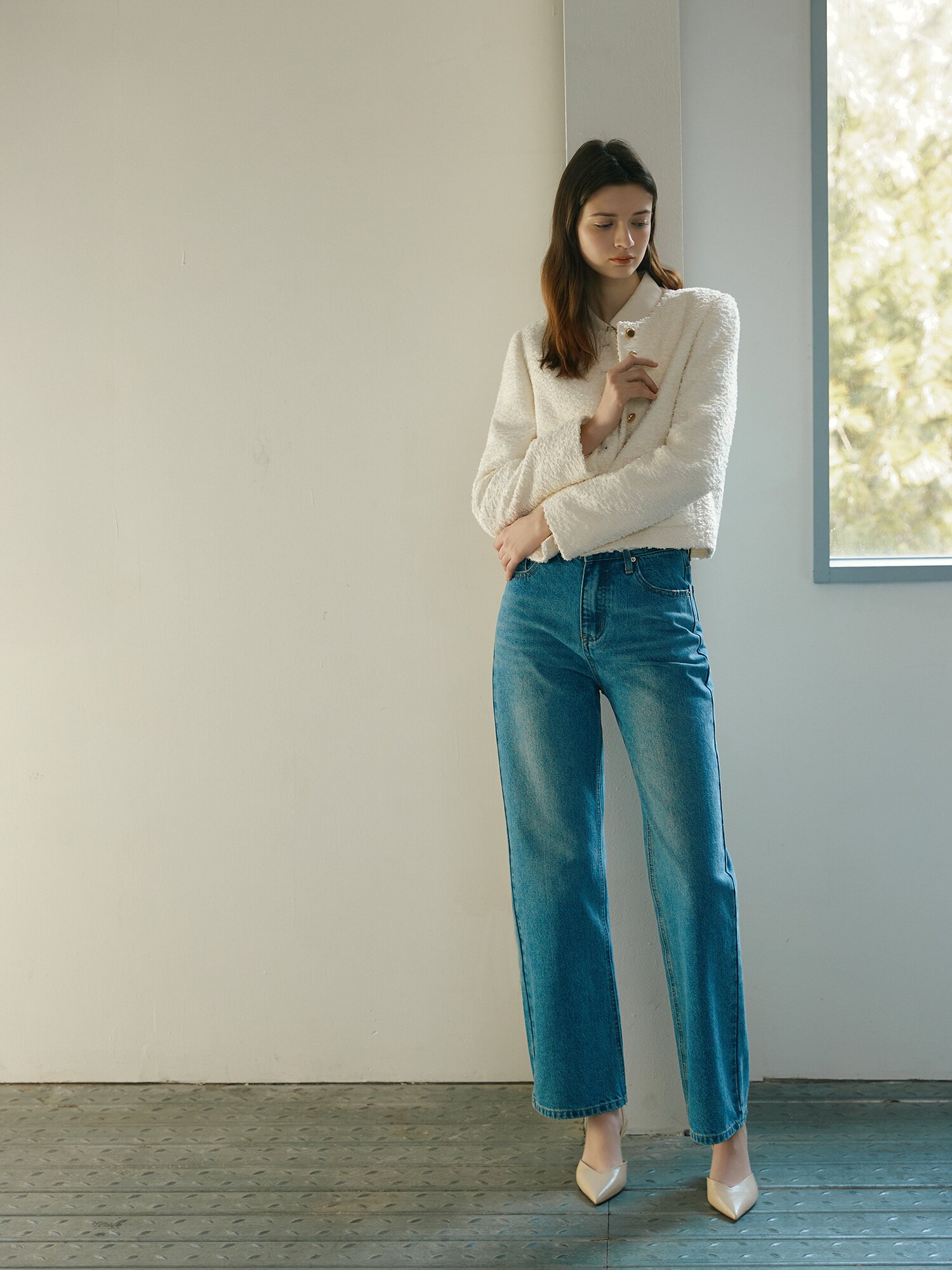 텍스쳐 트위드 라운드넥 재킷 (WHITE)