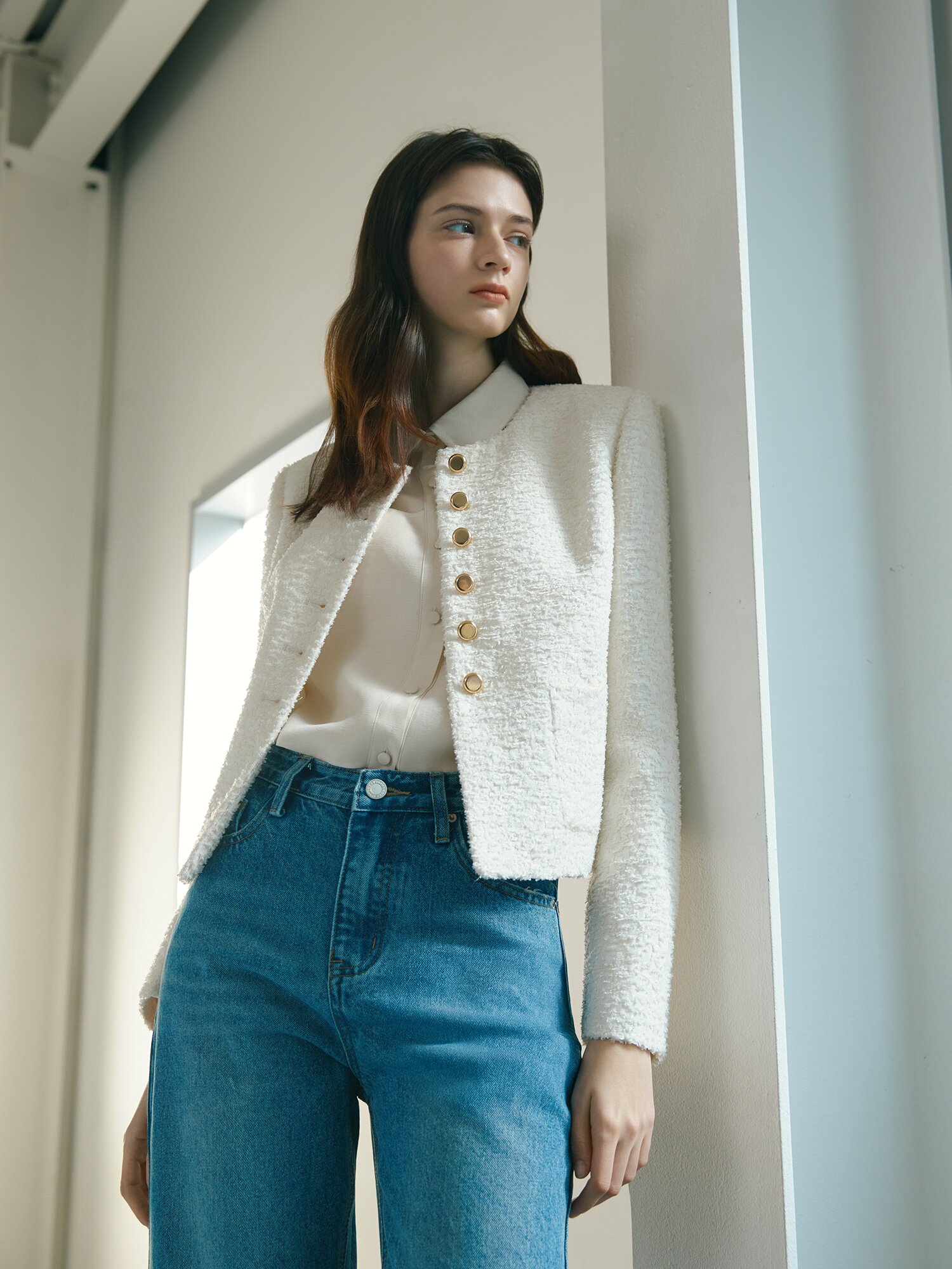 텍스쳐 트위드 라운드넥 재킷 (WHITE)