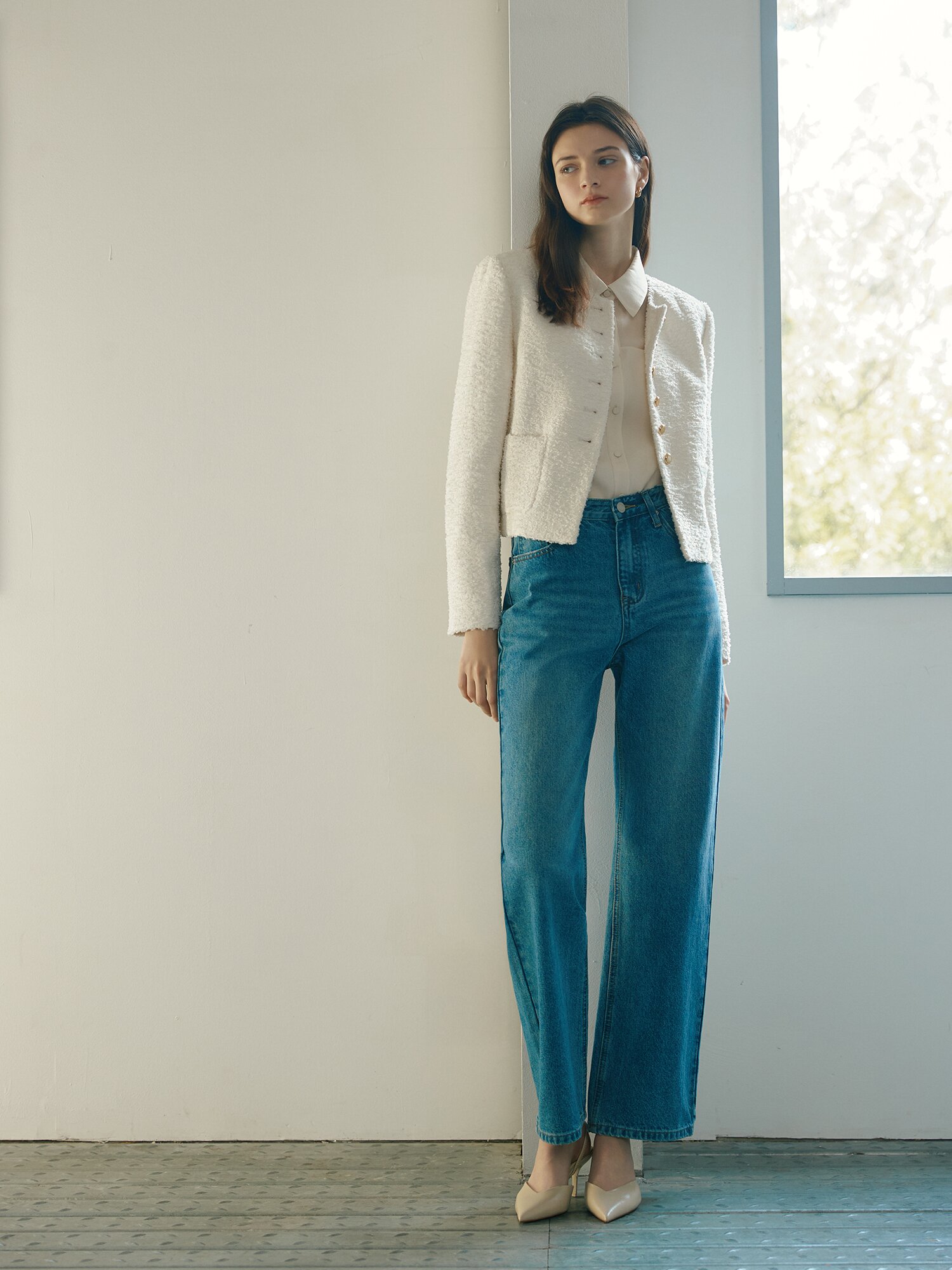 텍스쳐 트위드 라운드넥 재킷 (WHITE)