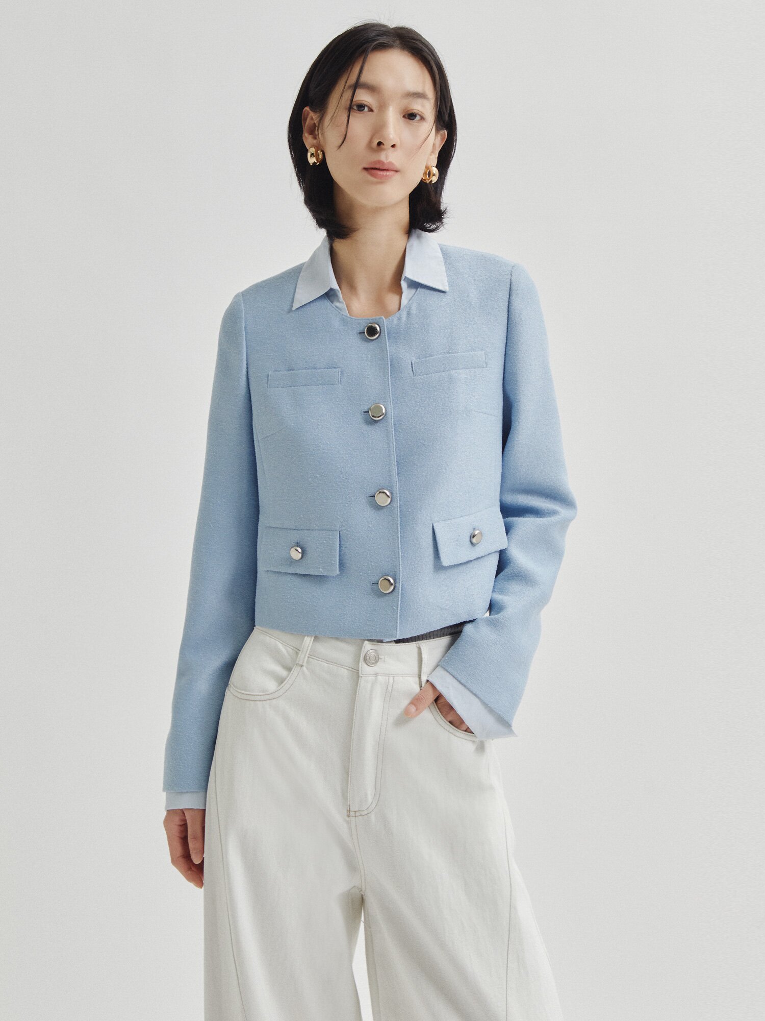 트위드 라운드넥 크롭 재킷  (BLUE)