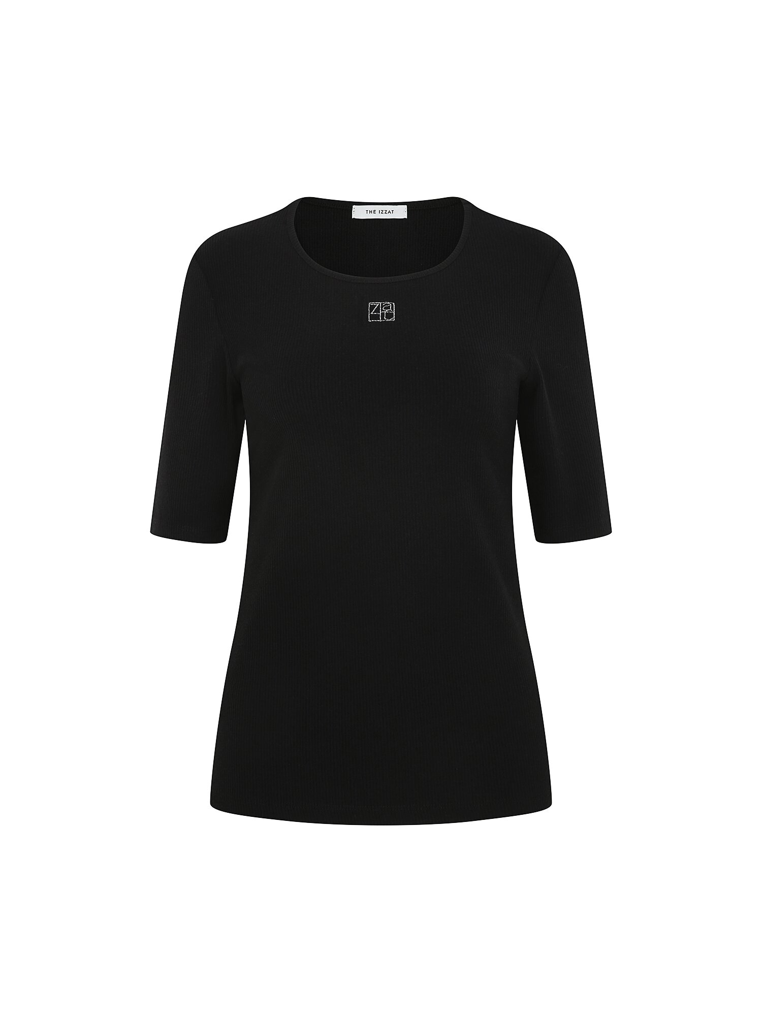 골지 메탈 자수 스쿱넥 티셔츠 (BLACK)