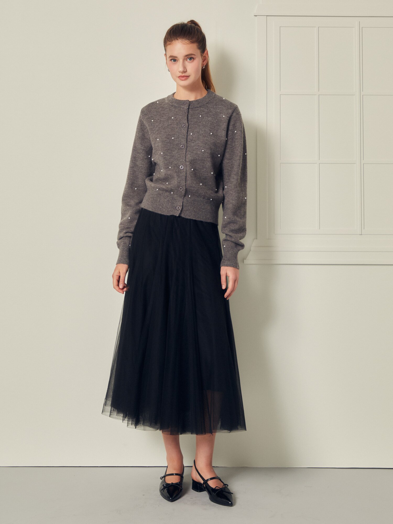헤어리 펄 라운드넥 크롭 가디건 (DARK GREY)