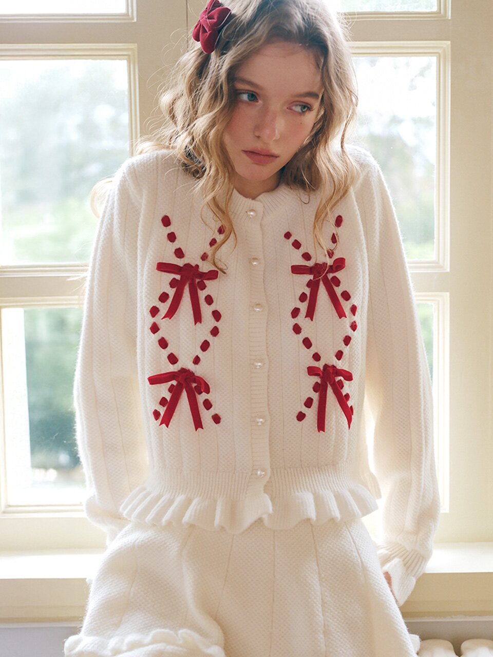 Cest_Ruffle velvet bow knit cardigan