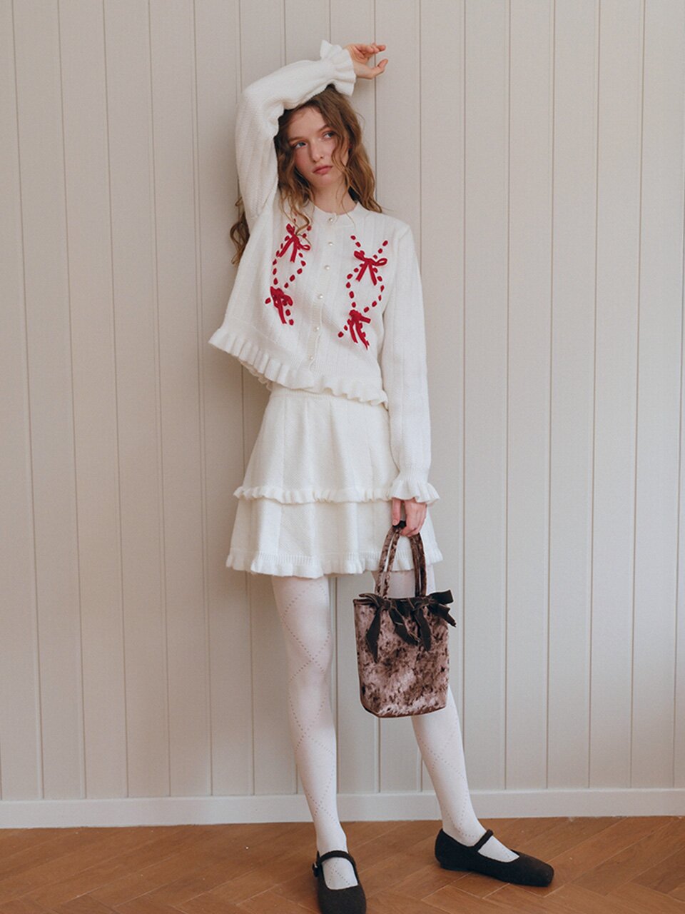 Cest_Ruffle velvet bow knit cardigan