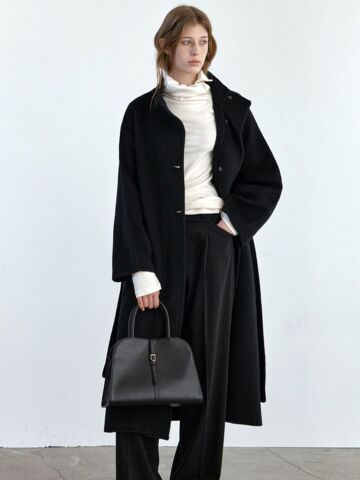 WOOL HIGH NECK HANDMADE LONG COAT BLACK