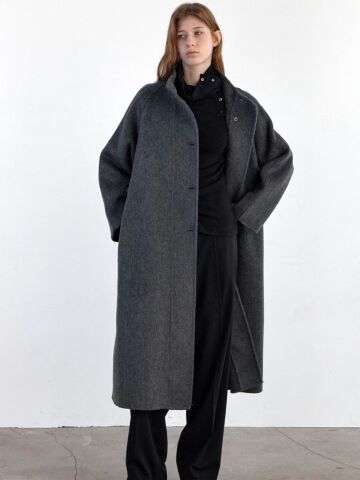 WOOL HIGH NECK HANDMADE LONG COAT GREY