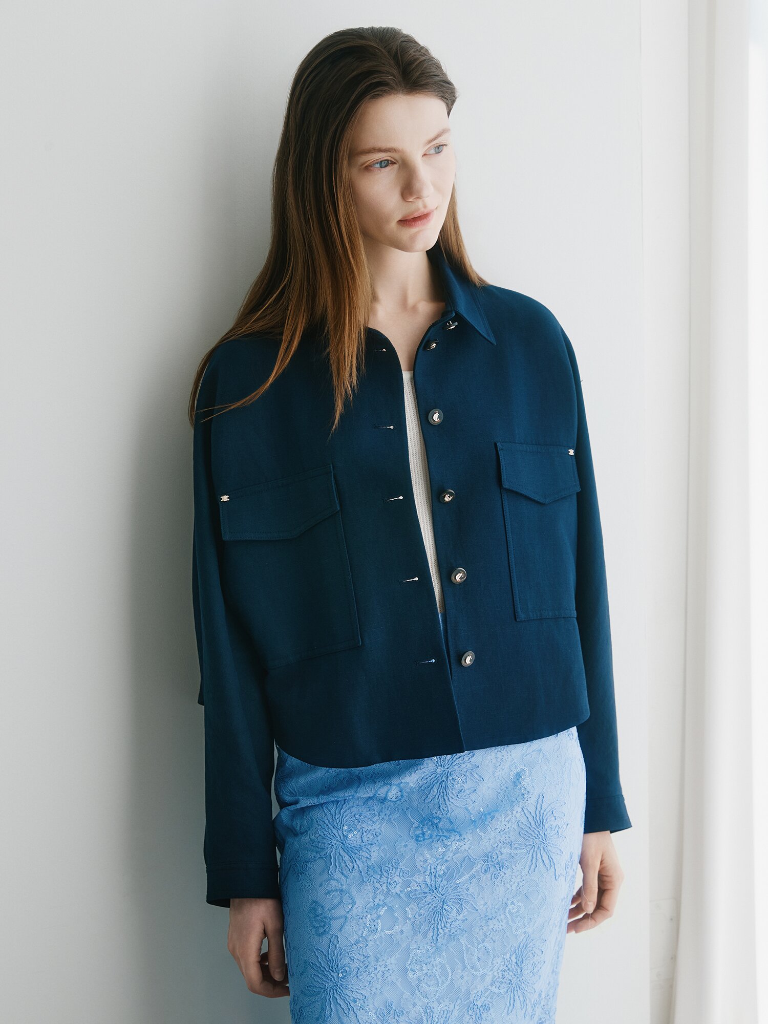 린넨 돌먼 슬리브 셔츠 재킷 (NAVY)