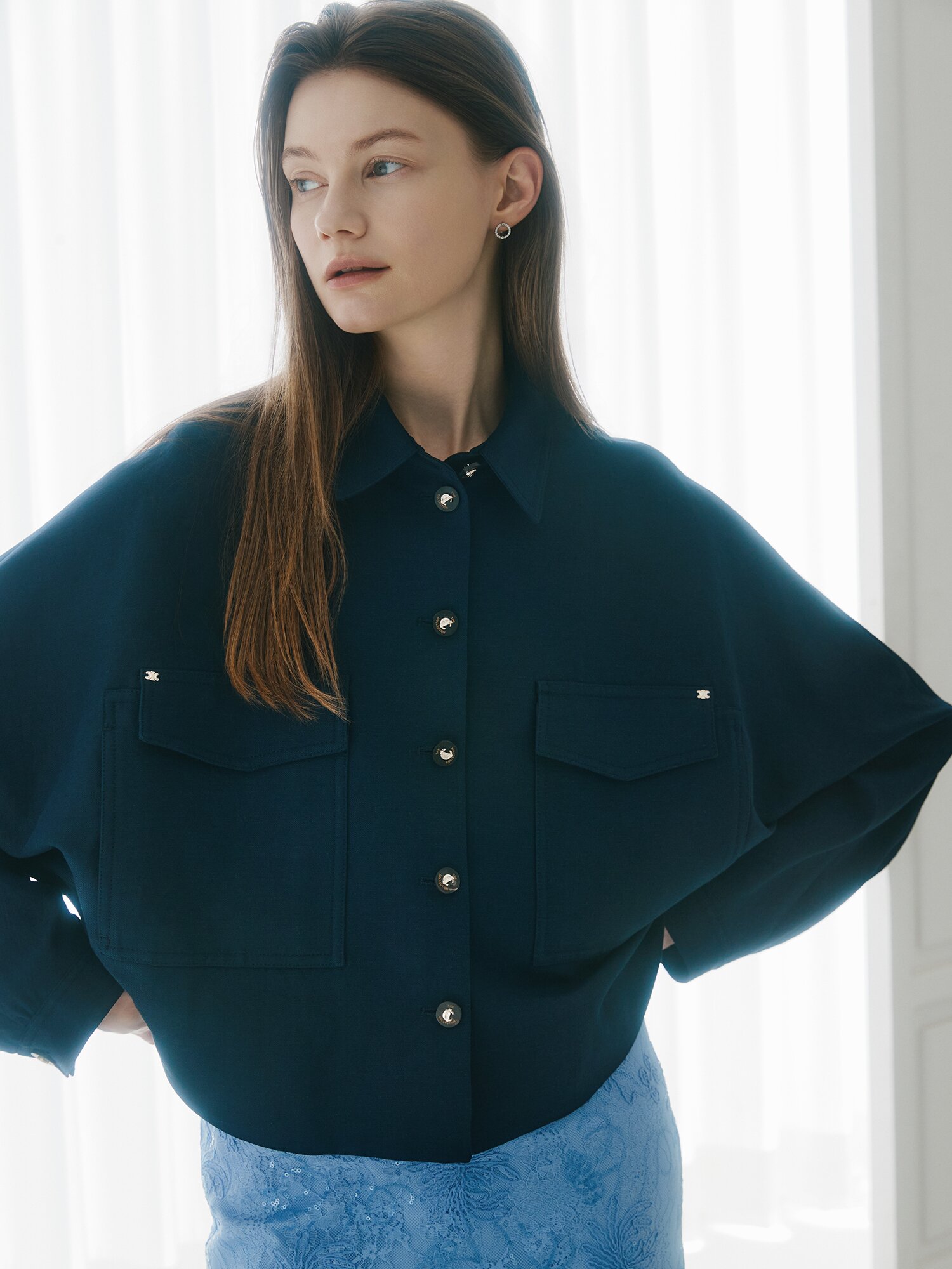 린넨 돌먼 슬리브 셔츠 재킷 (NAVY)