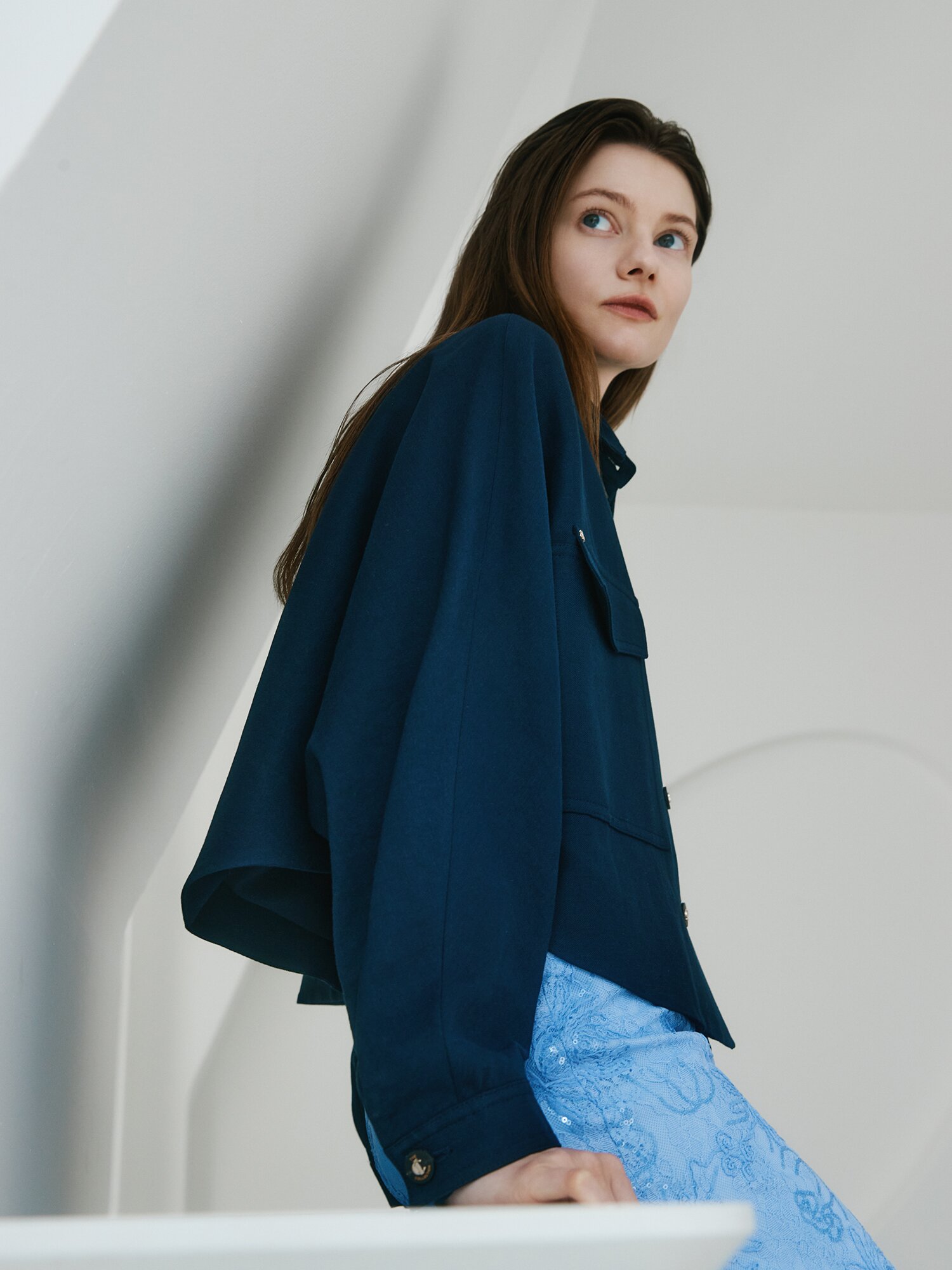 린넨 돌먼 슬리브 셔츠 재킷 (NAVY)