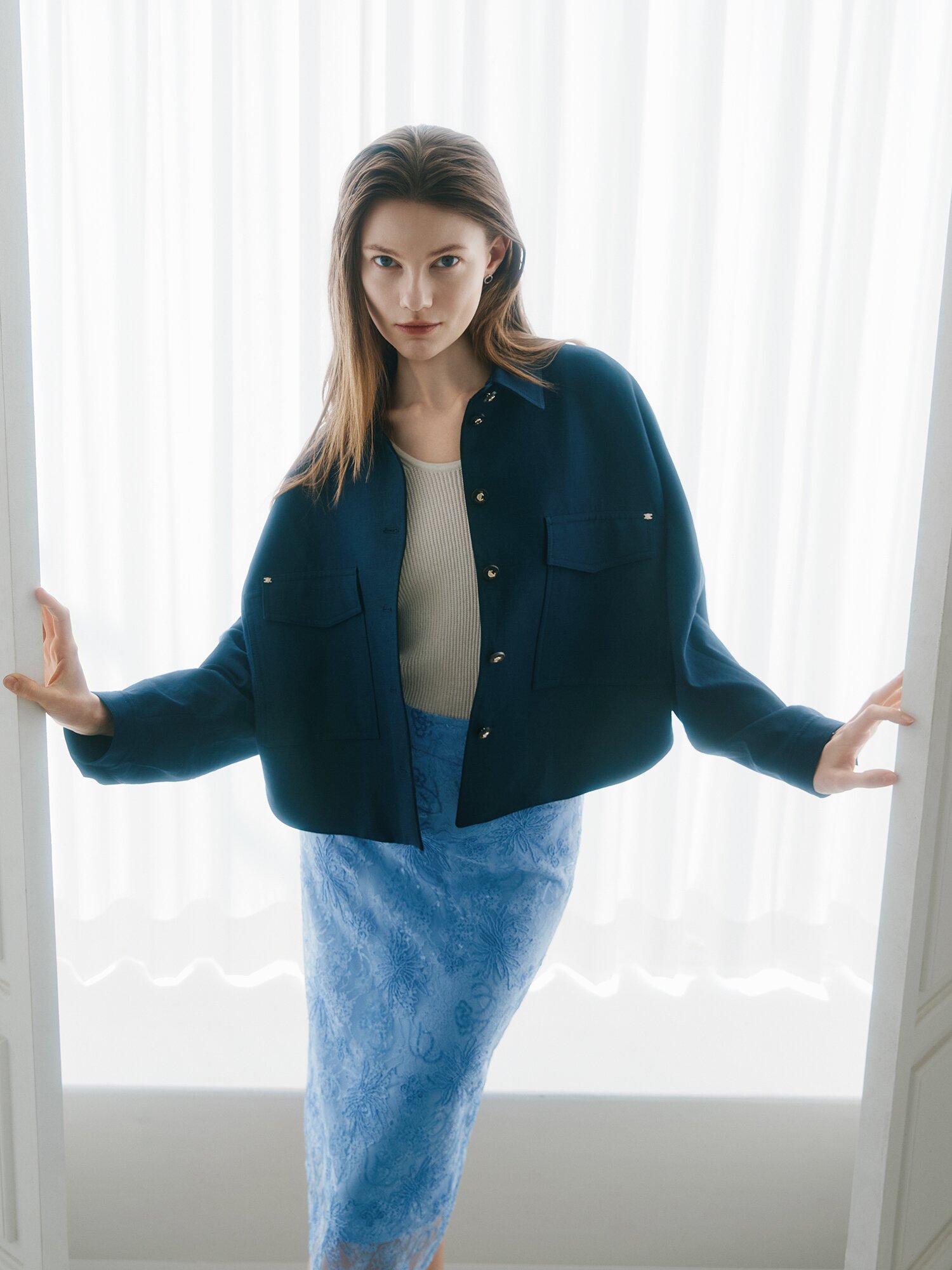 린넨 돌먼 슬리브 셔츠 재킷 (NAVY)