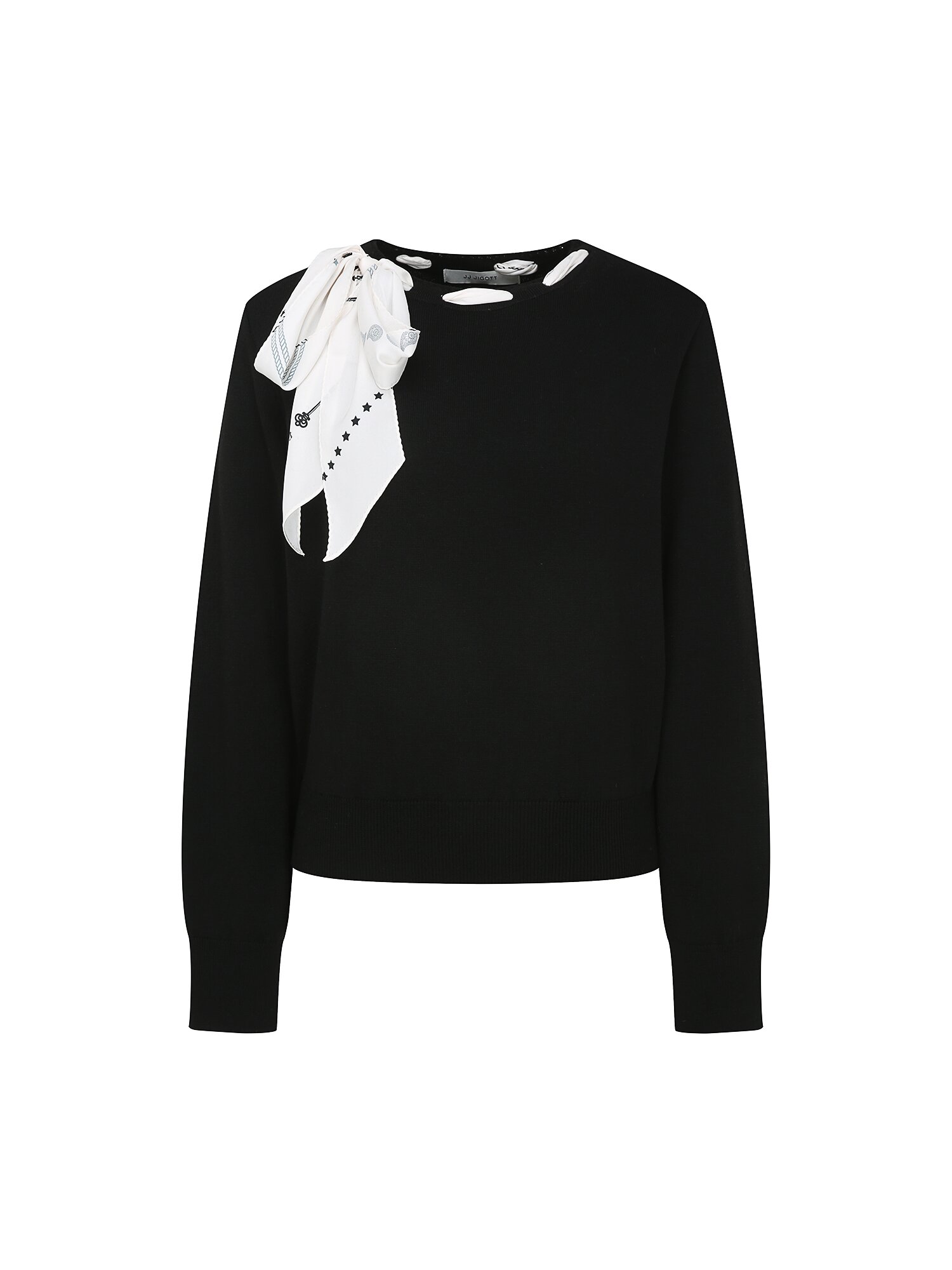 스카프 장식 라운드넥 풀오버 니트 (BLACK)