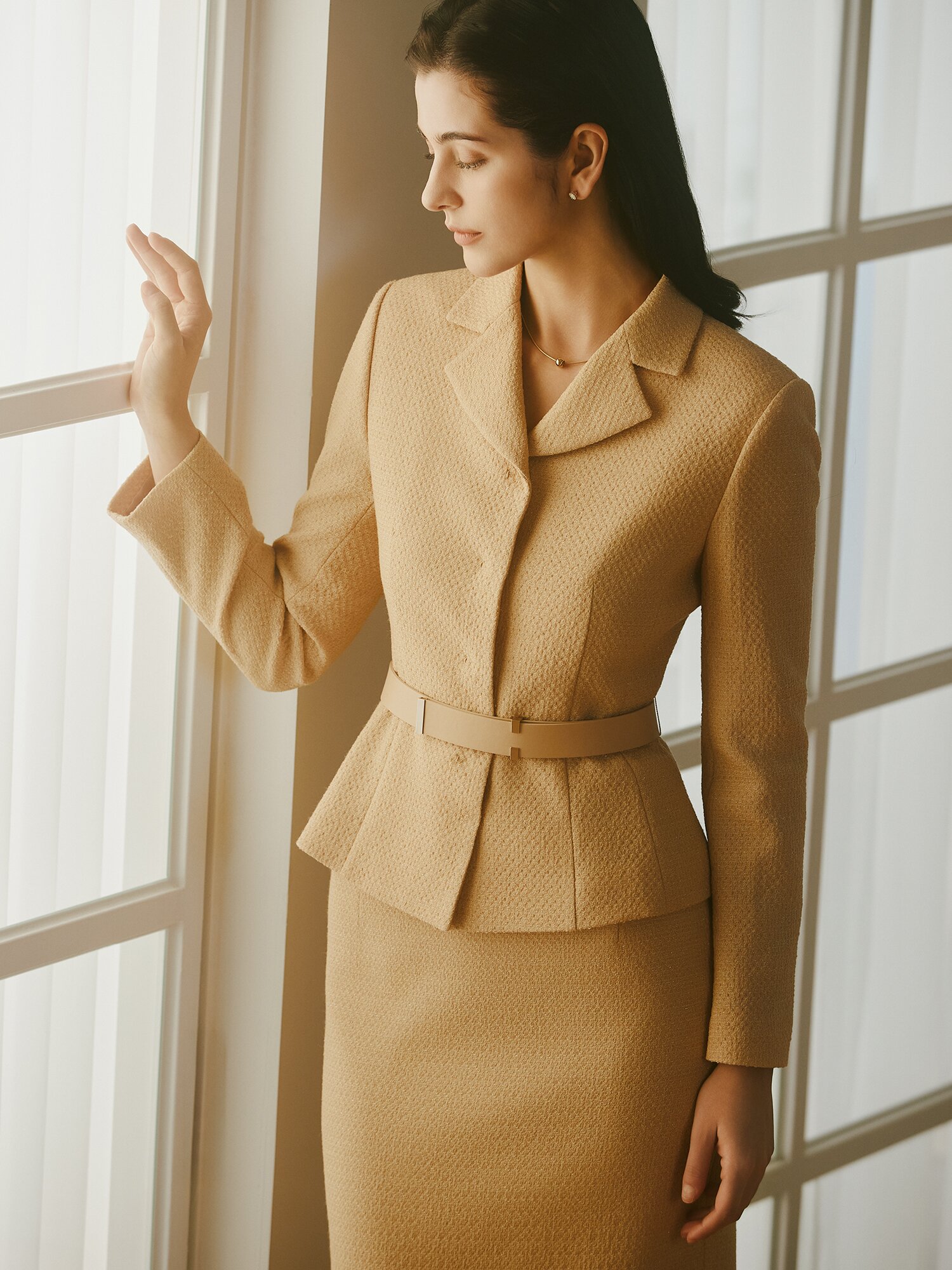 울 글리터 트위드 오픈 칼라 재킷 (BEIGE)