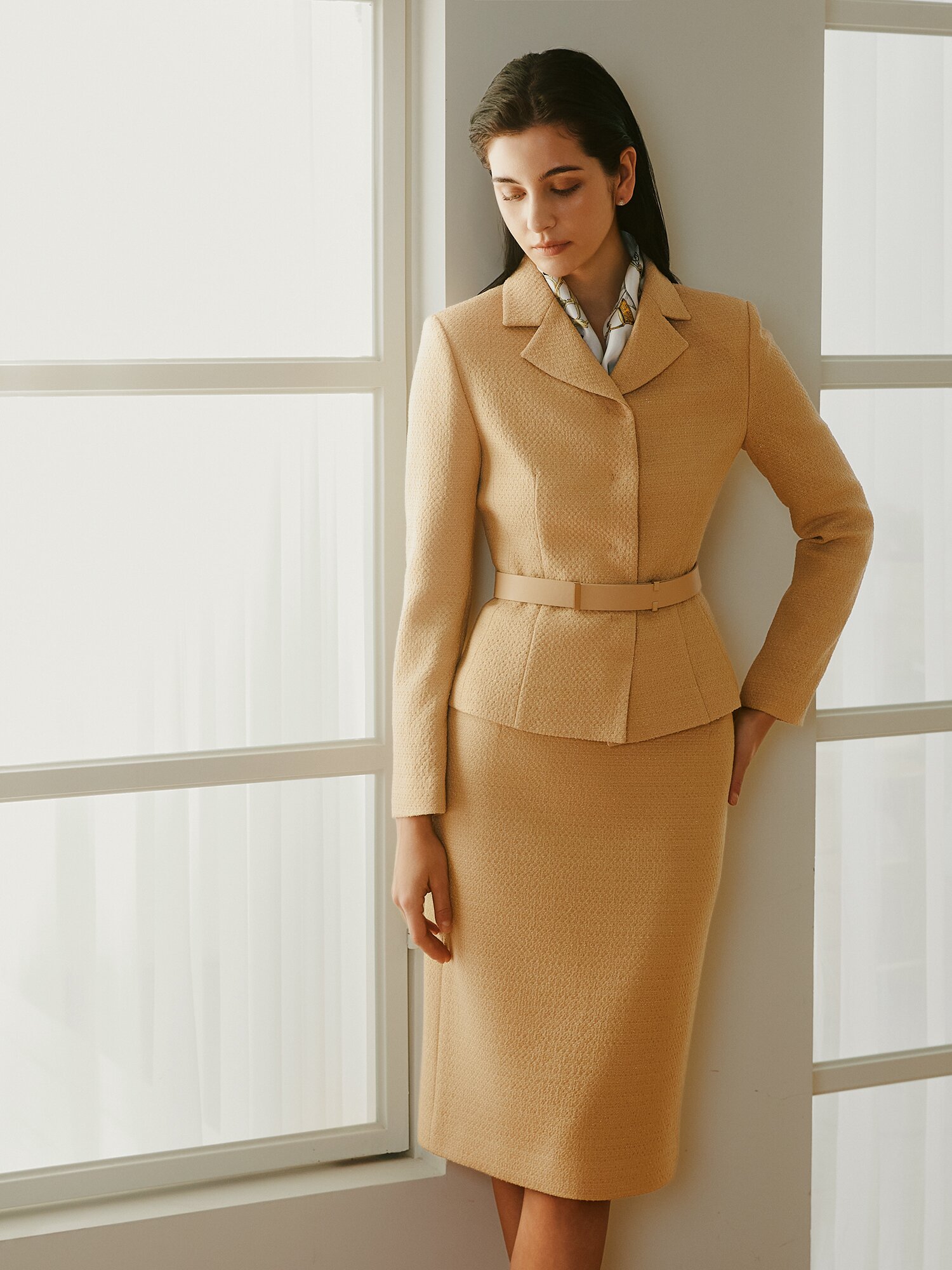 울 글리터 트위드 오픈 칼라 재킷 (BEIGE)