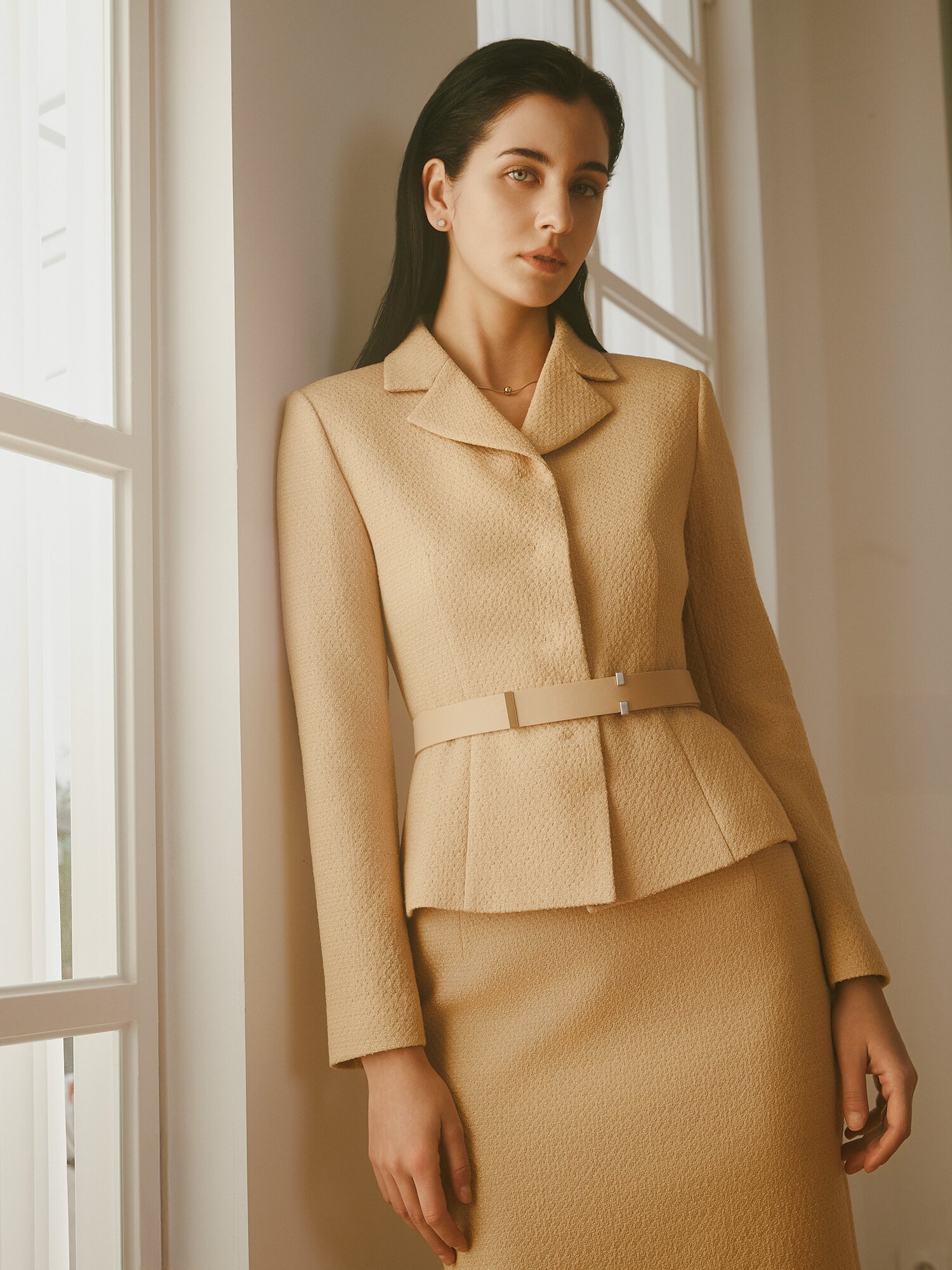 울 글리터 트위드 오픈 칼라 재킷 (BEIGE)