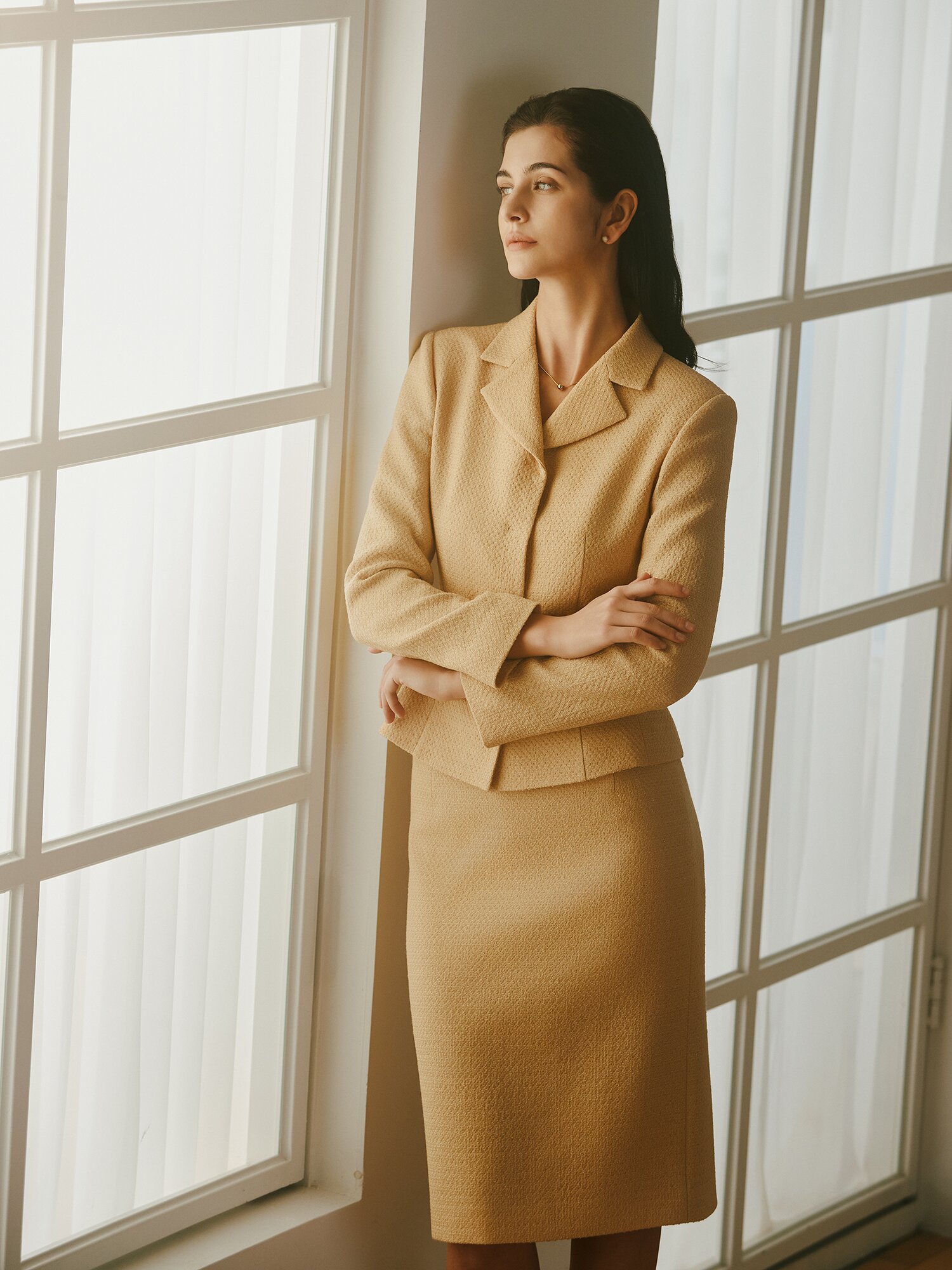 울 글리터 트위드 오픈 칼라 재킷 (BEIGE)