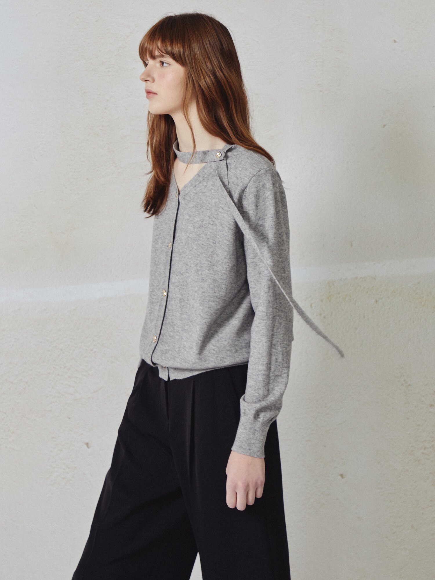 버튼 타이넥 니트 카디건 (GREY)