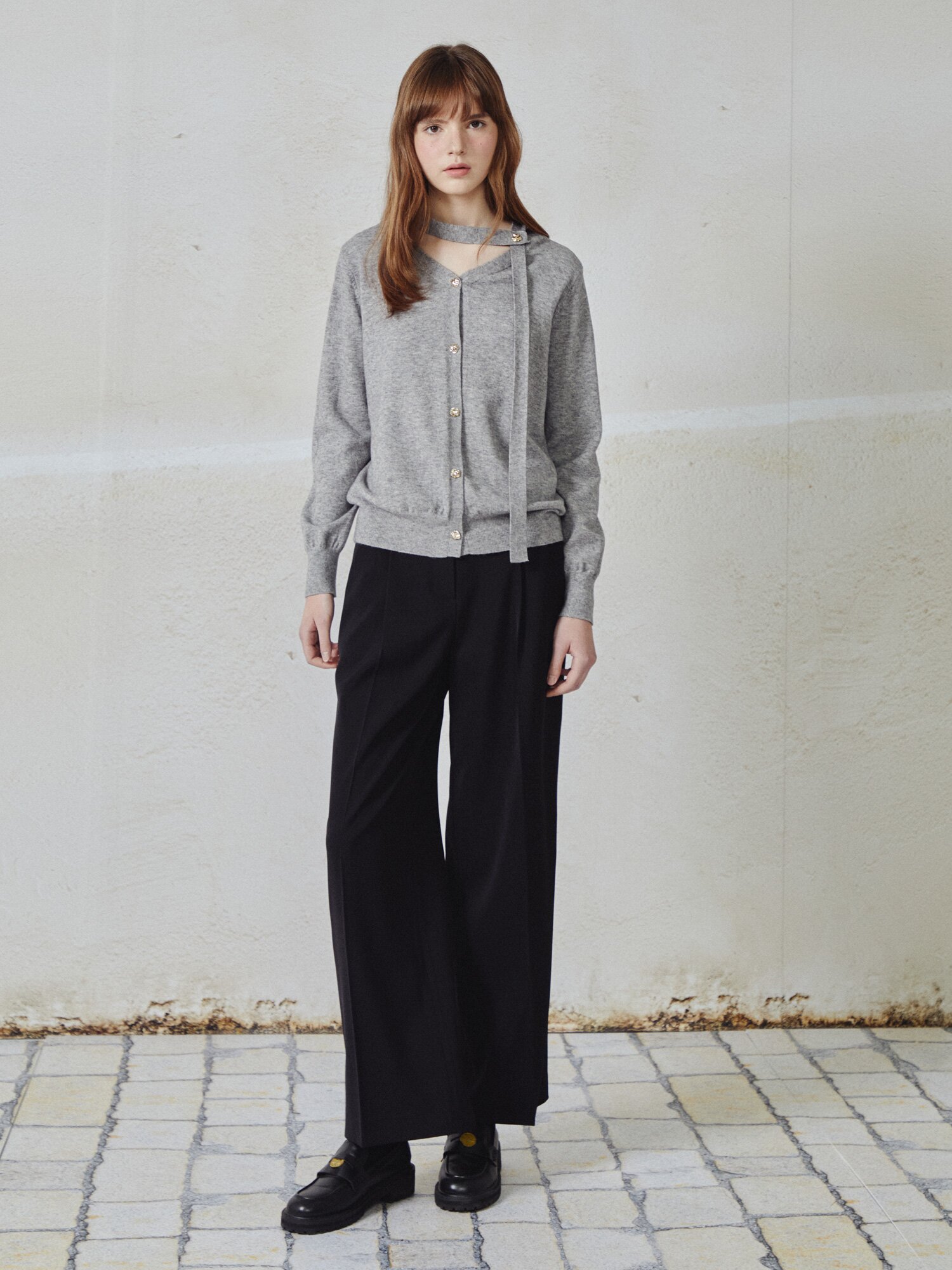 버튼 타이넥 니트 카디건 (GREY)