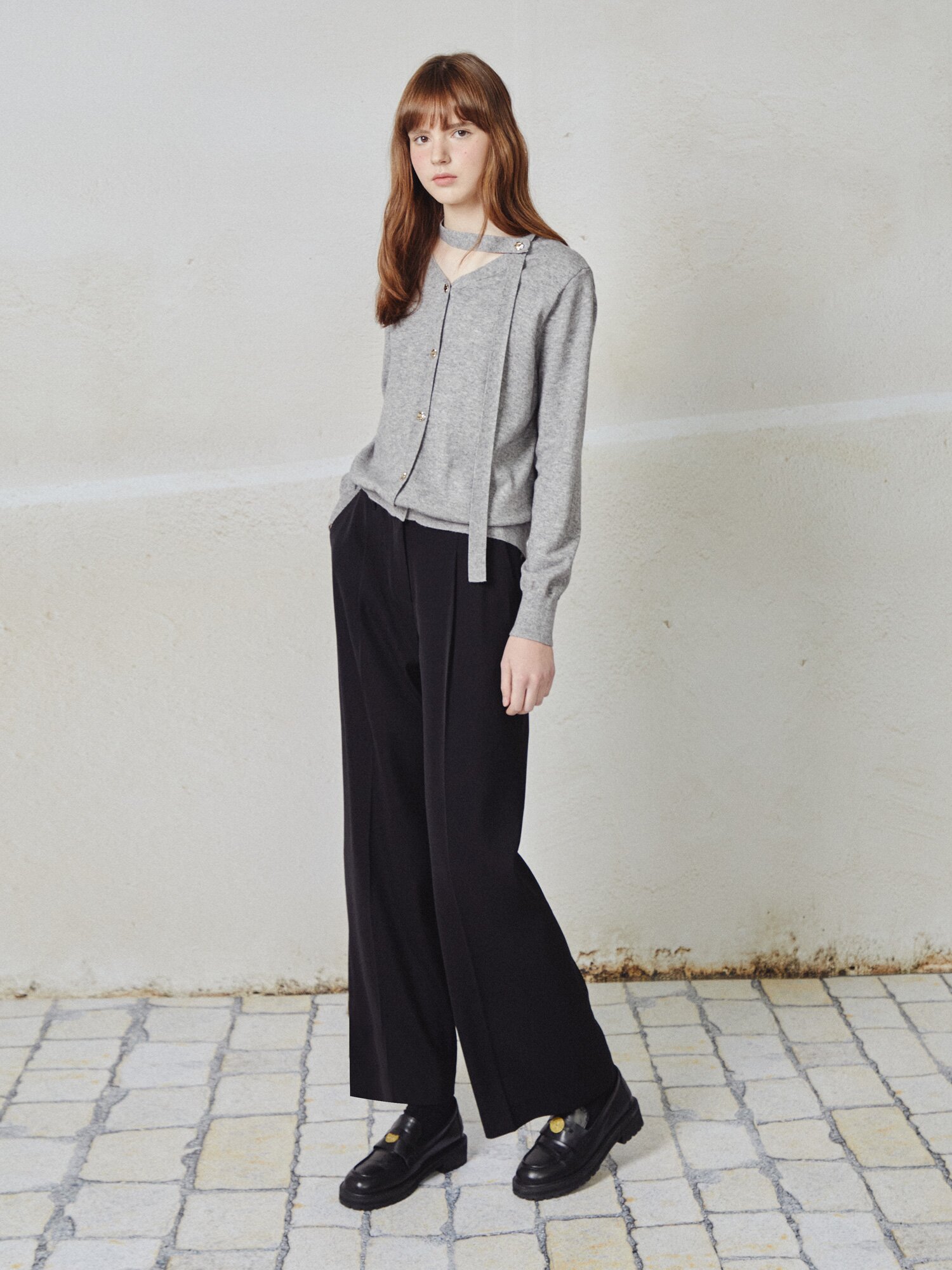 버튼 타이넥 니트 카디건 (GREY)