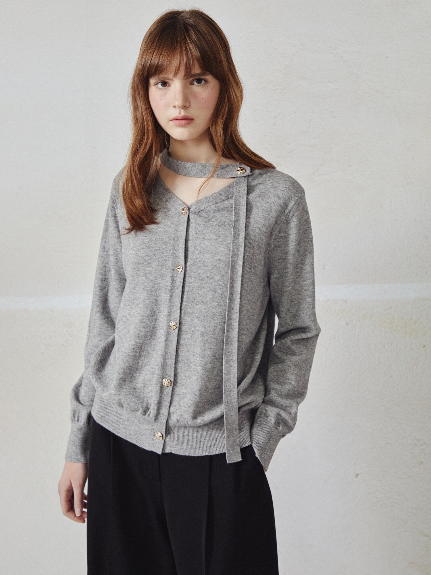 버튼 타이넥 니트 카디건 (GREY)