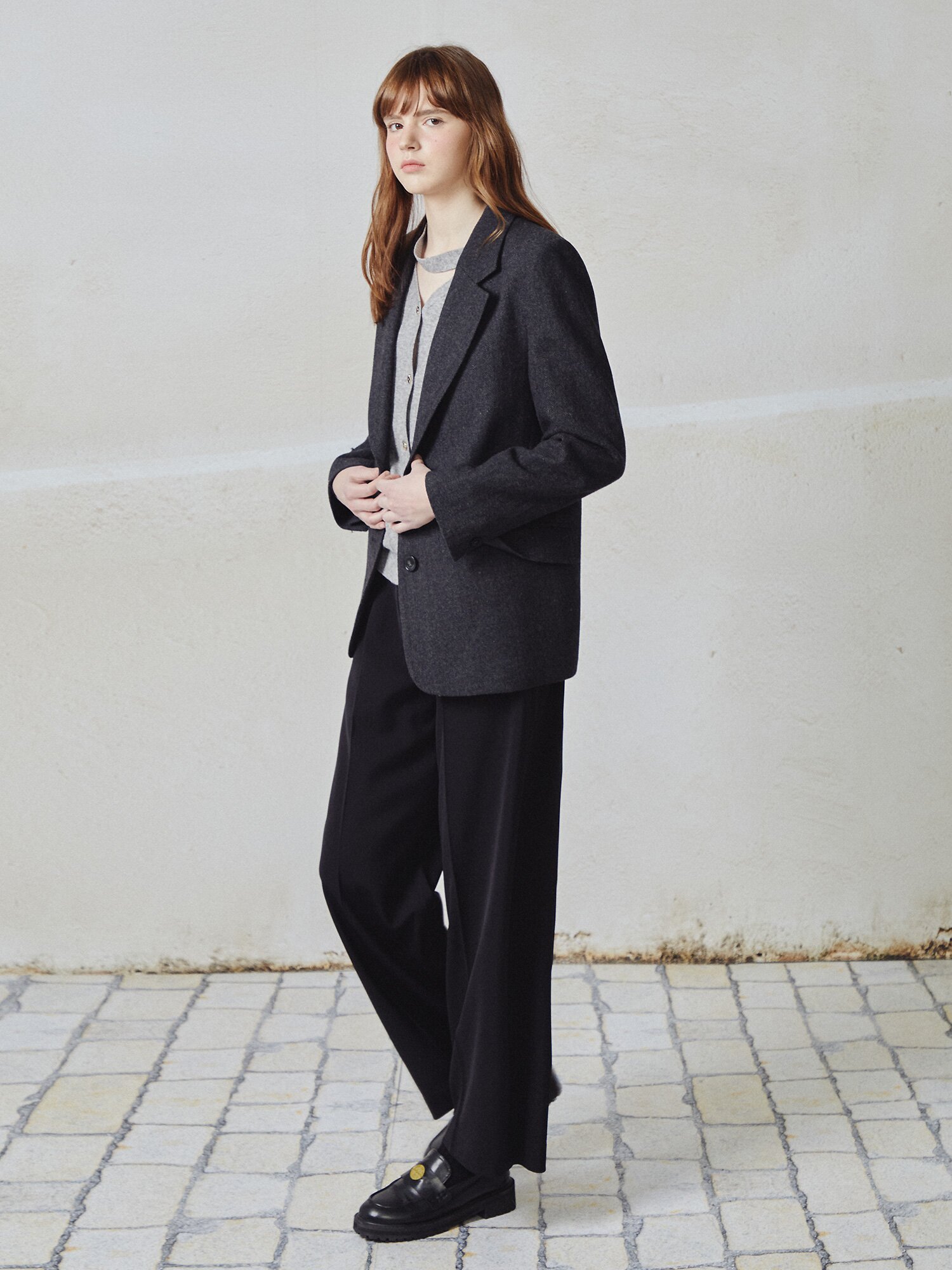 버튼 타이넥 니트 카디건 (GREY)