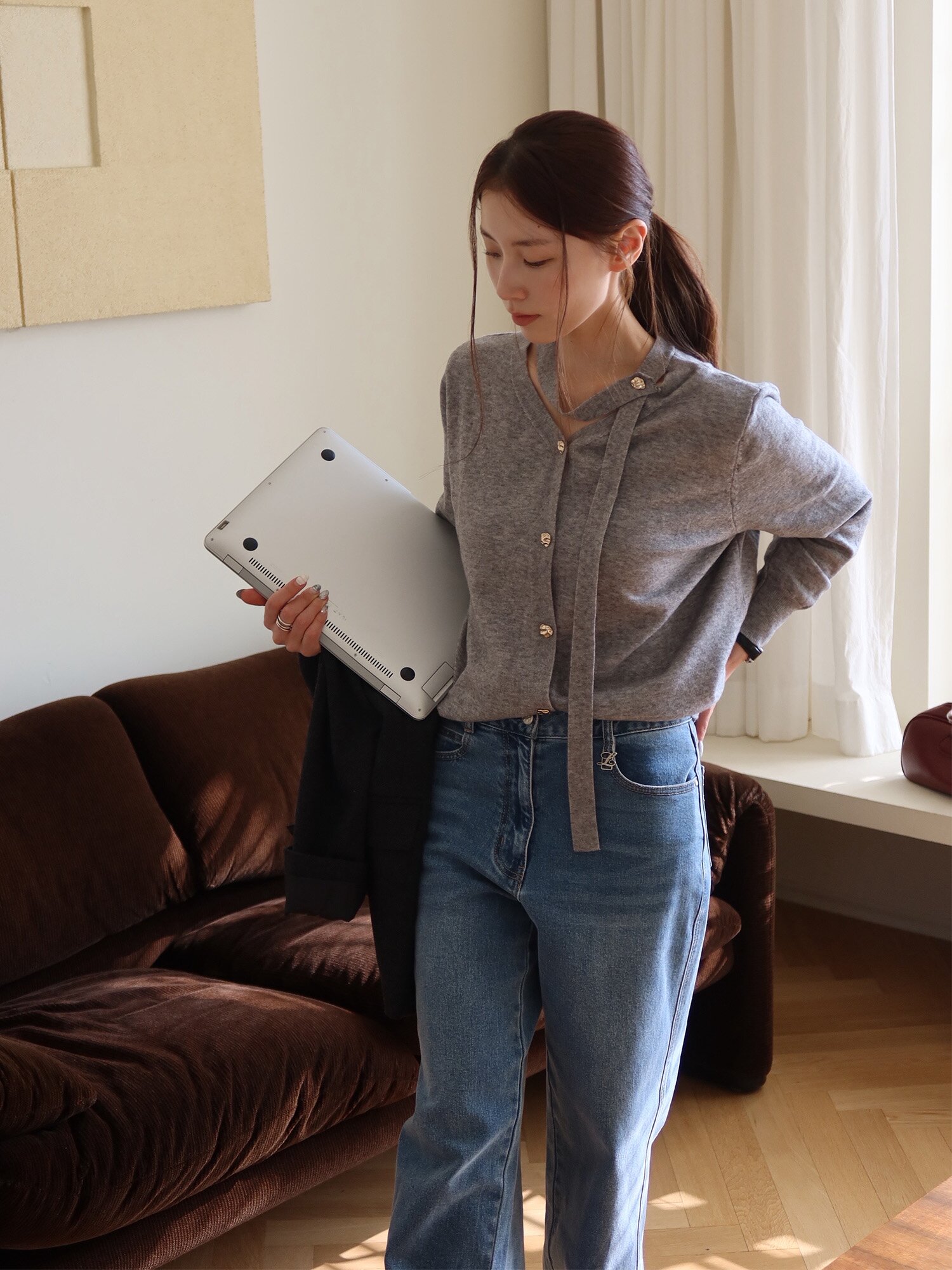 버튼 타이넥 니트 카디건 (GREY)