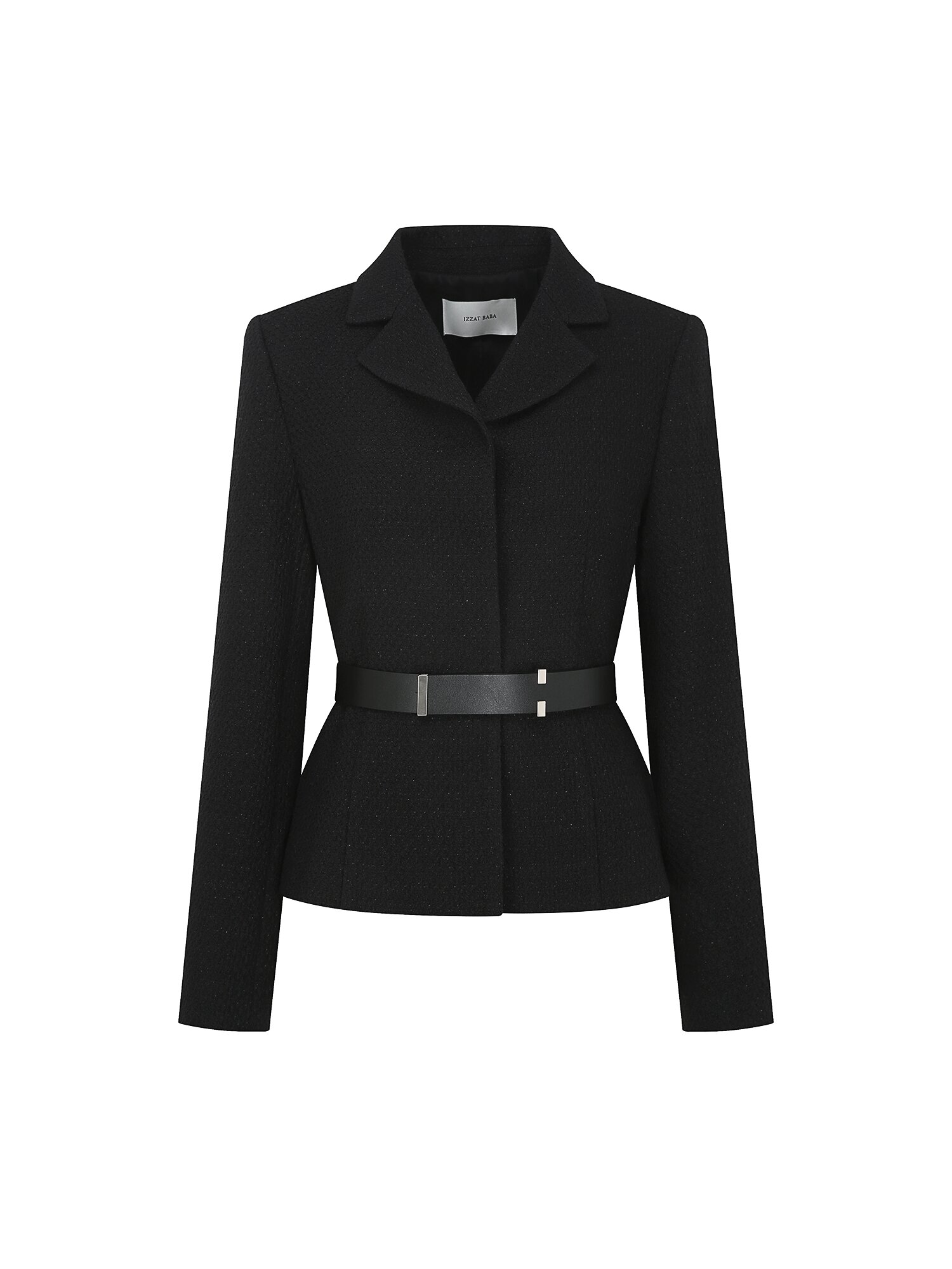 울 글리터 트위드 오픈 칼라 재킷 (BLACK)