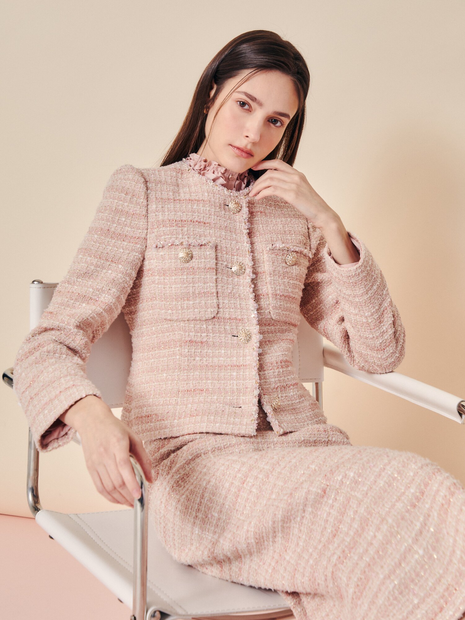 비즈 트리밍 트위드 재킷 (PINK)